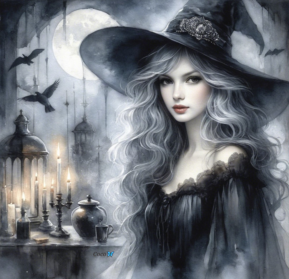 Young witch with silver hair in a moonlit scene