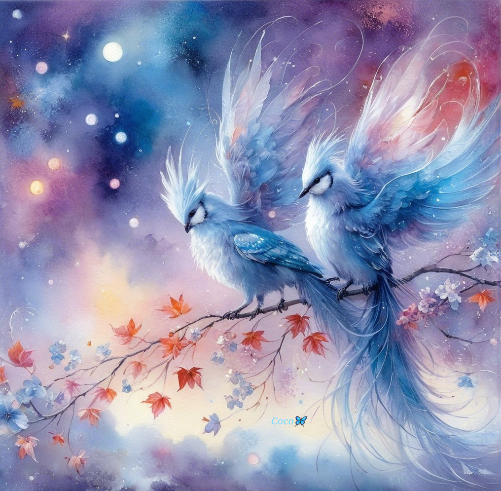 Ethereal birds on a branch with autumn leaves and stars