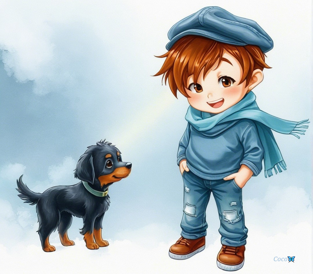 Cheerful boy in blue hat with playful black dog