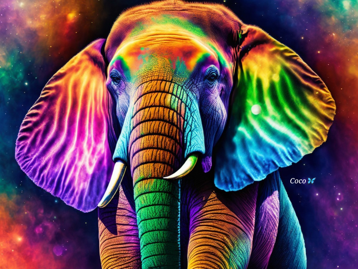 Colorful Elephant Against Cosmic Galaxy Background