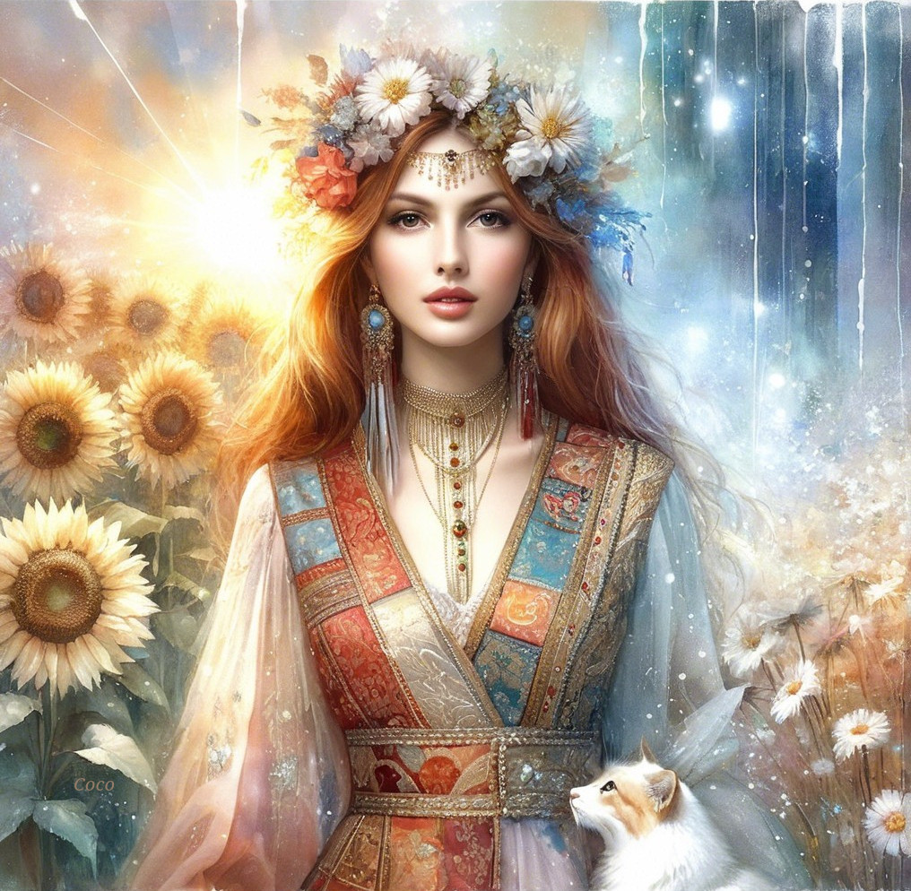 Serene Woman in Colorful Dress Among Sunflowers