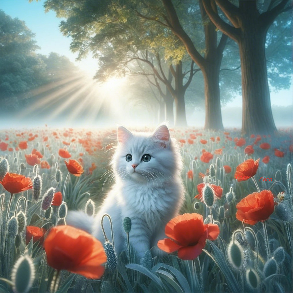 Fluffy White Cat in a Serene Poppy Field