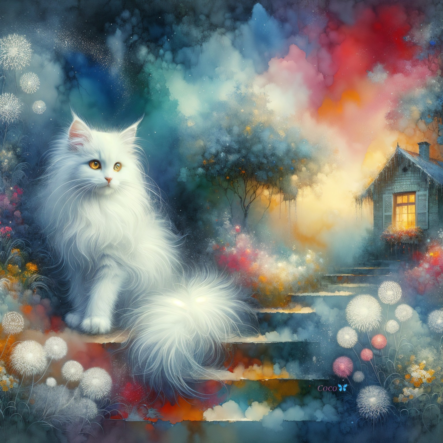 Fluffy White Cat in a Dreamlike Colorful Landscape