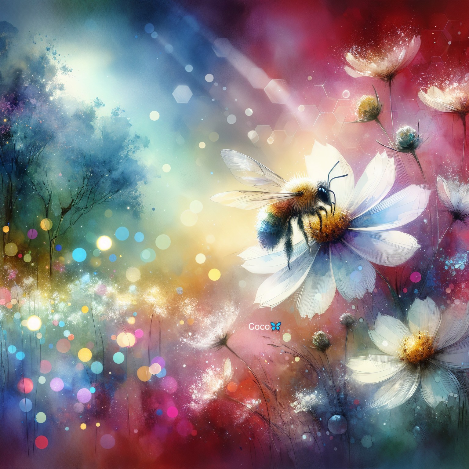 Colorful Abstract Bee on White Daisy with Soft Hues