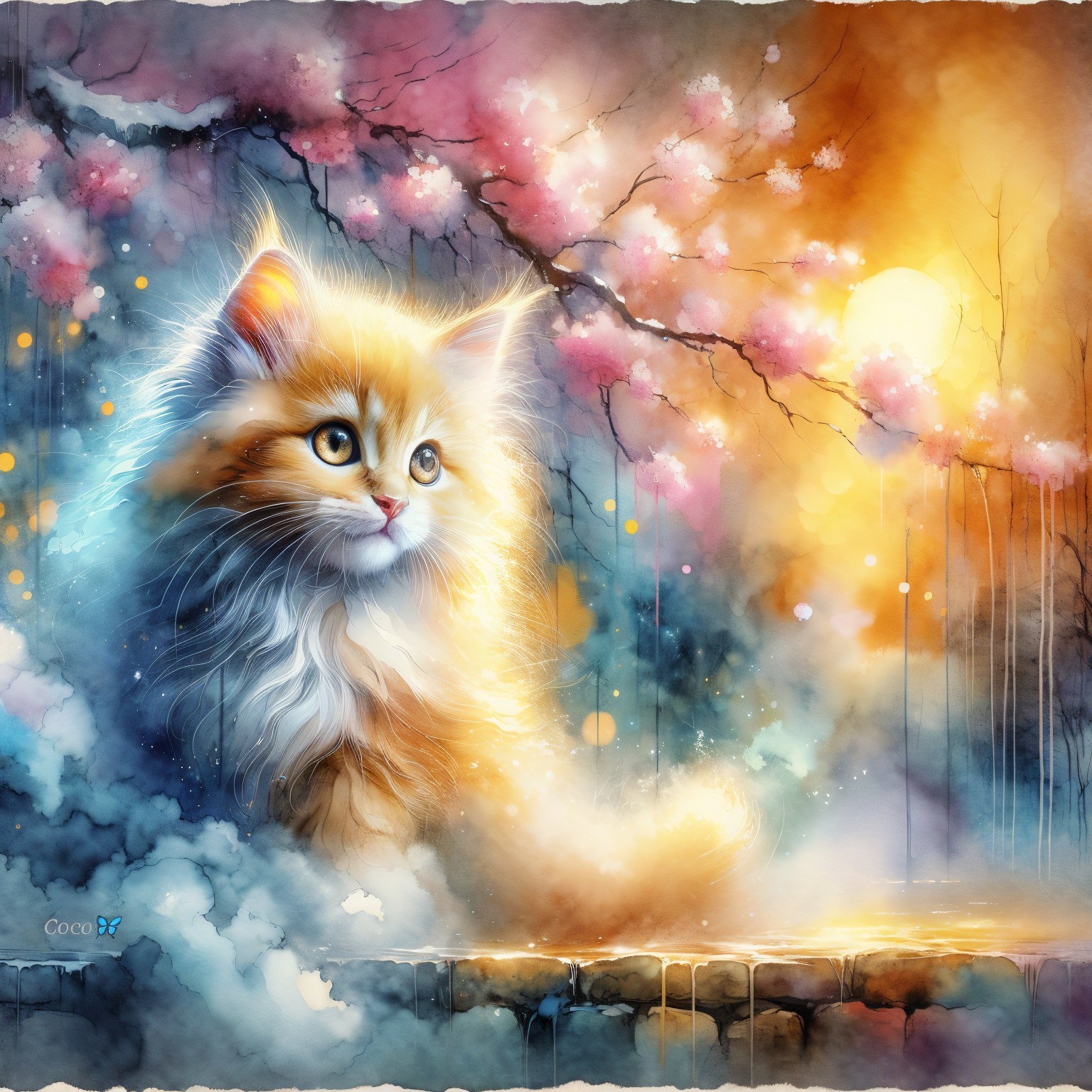 Fluffy Orange Cat in Dreamy Cherry Blossom Landscape