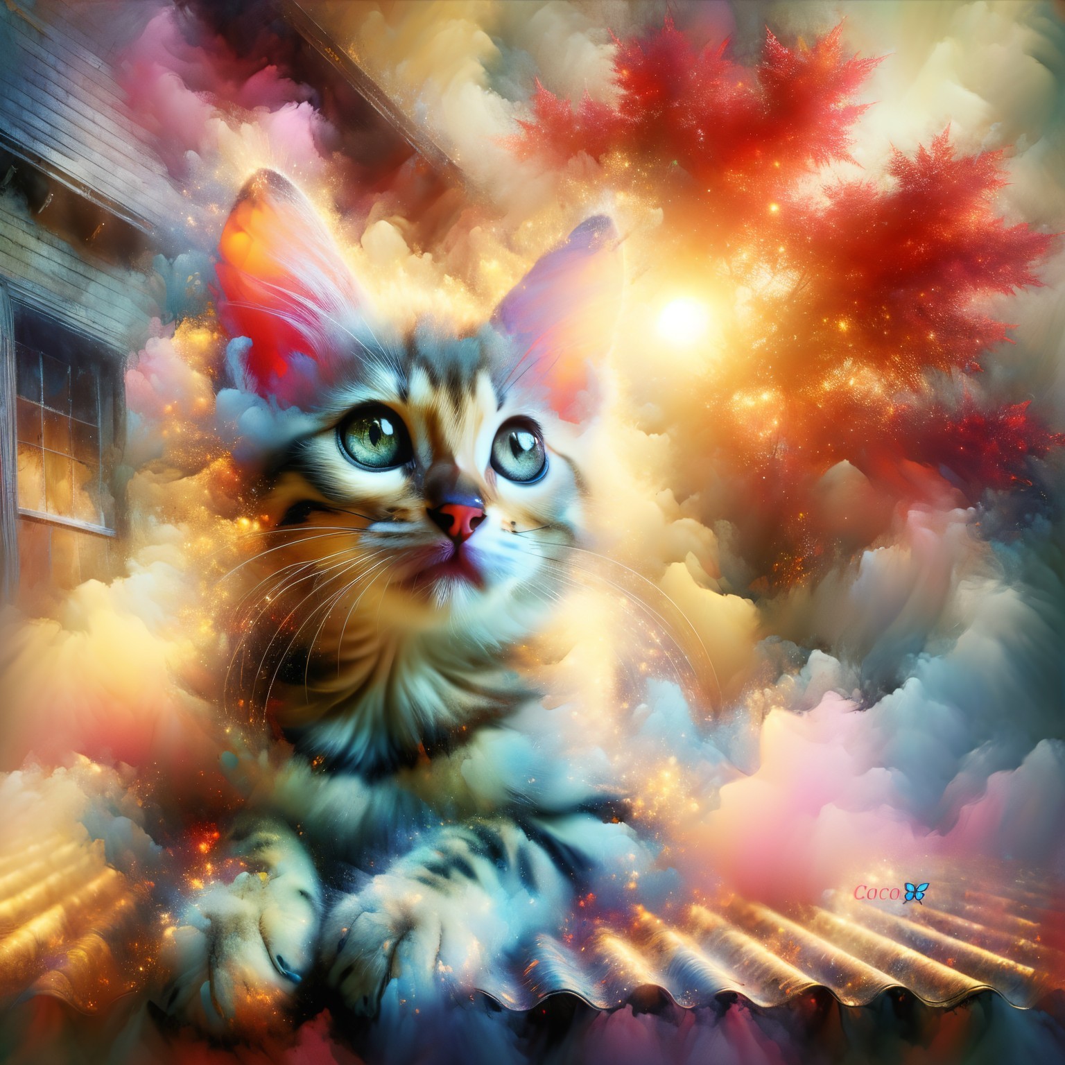 Kitten Surrounded by Colorful Autumn Clouds and Leaves