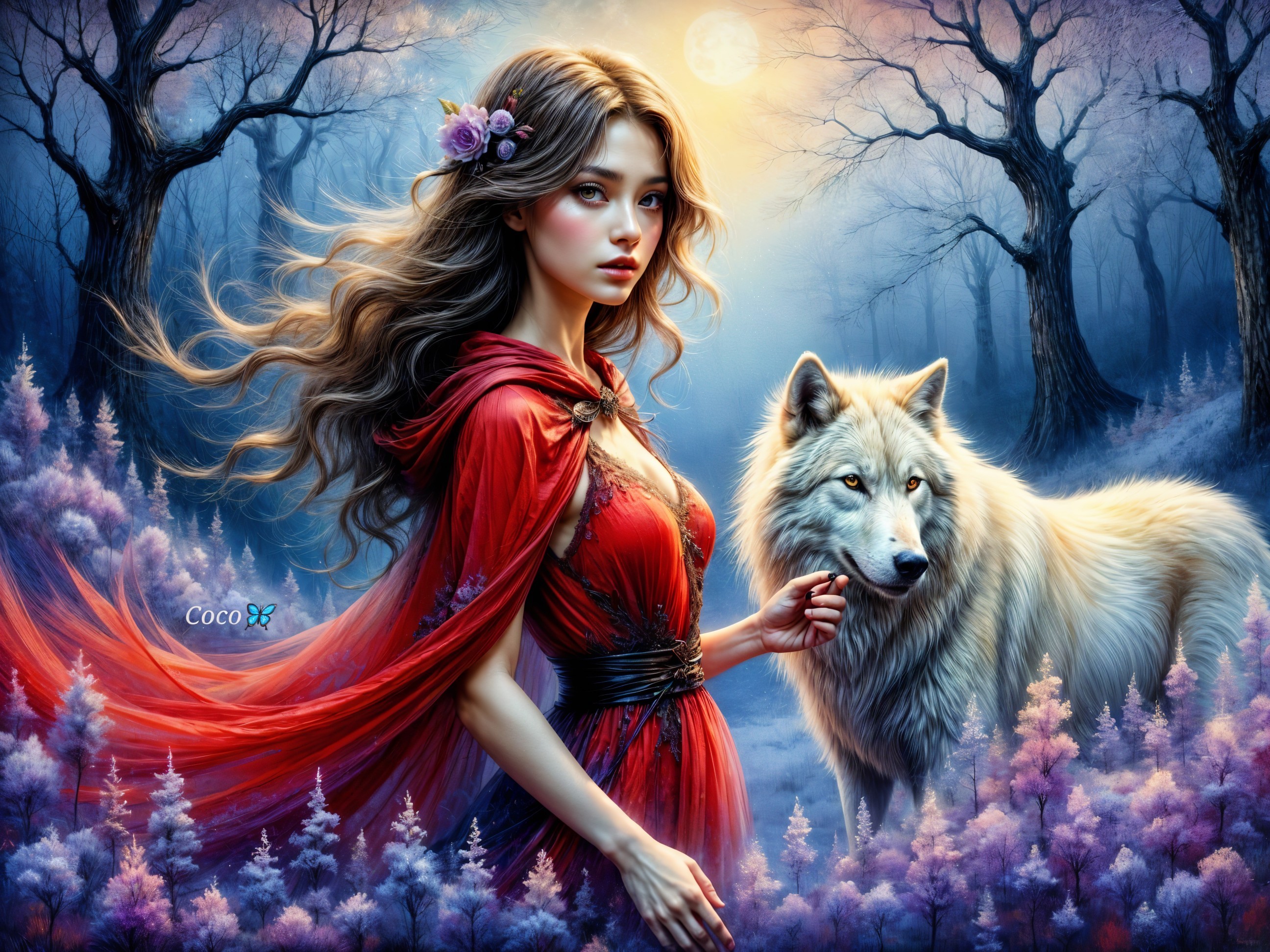 Young Woman with Wolf in a Magical Moonlit Forest