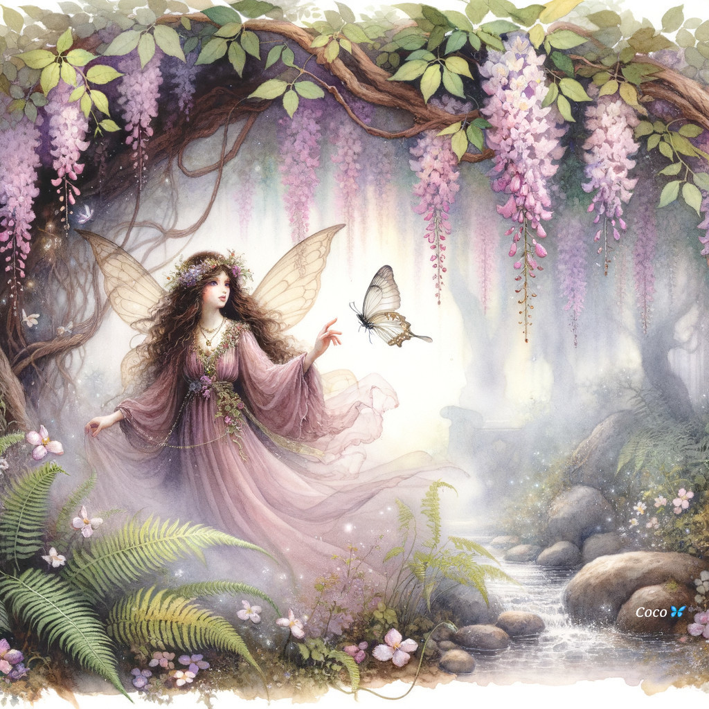 Fairy Dancing Among Wisteria in a Magical Forest