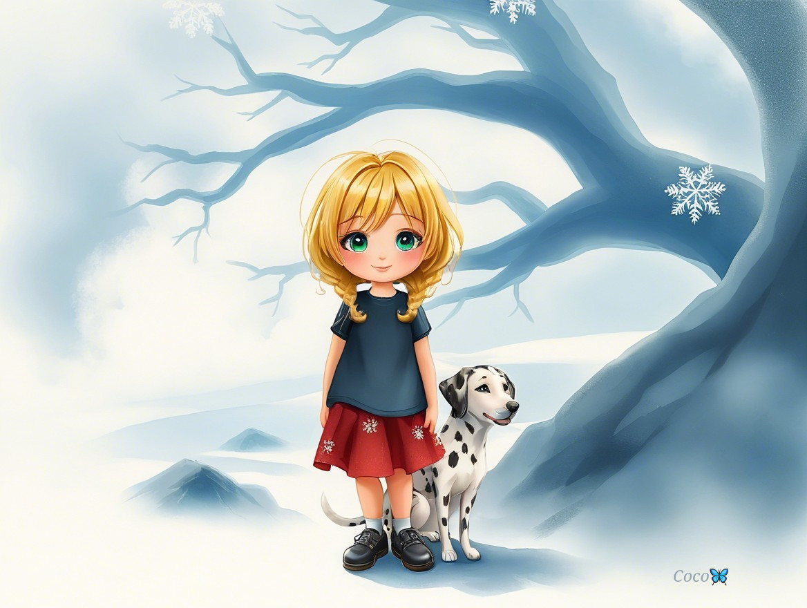 Young girl in snowy landscape with Dalmatian dog