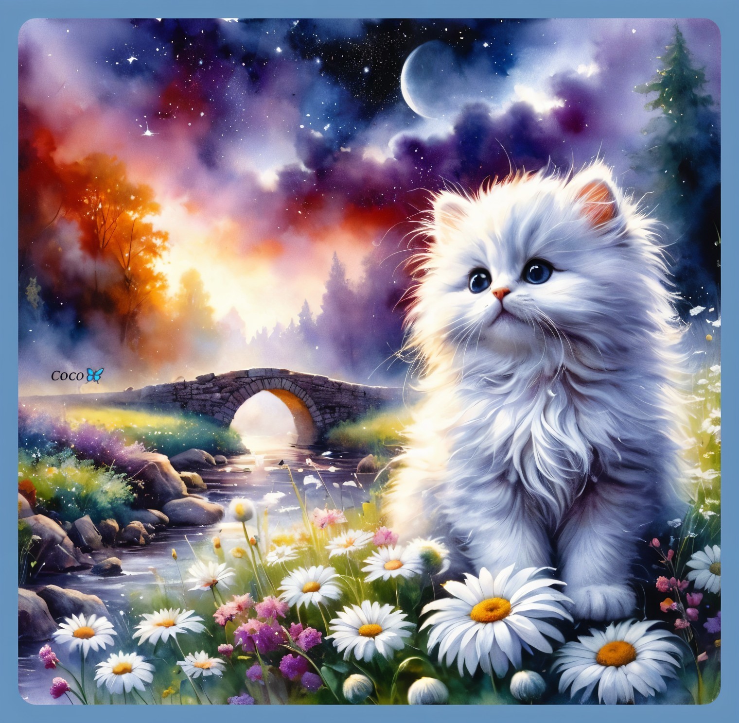 Fluffy White Cat in Colorful Flower Landscape