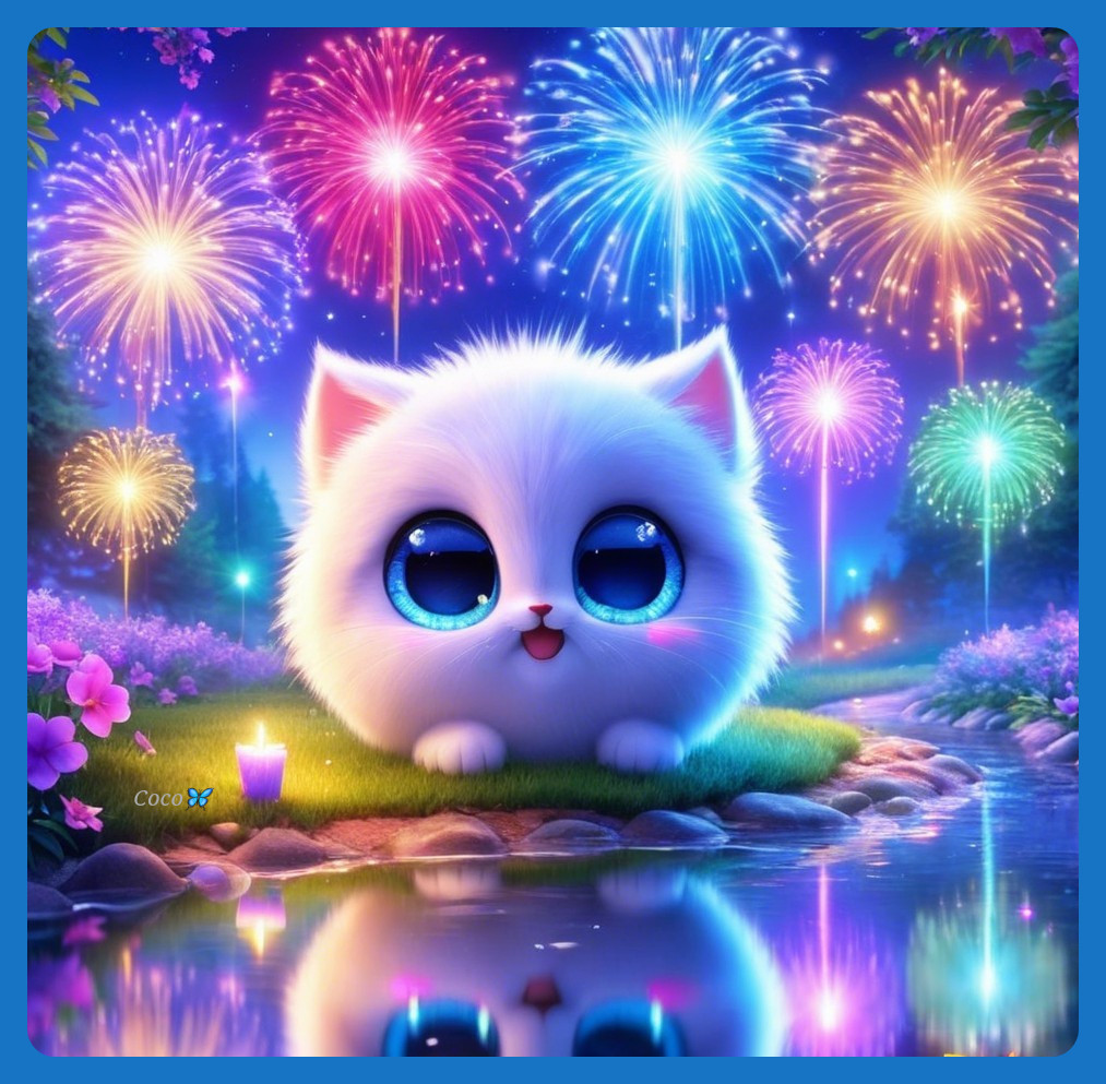 Fluffy white kitten by a tranquil pond with fireworks
