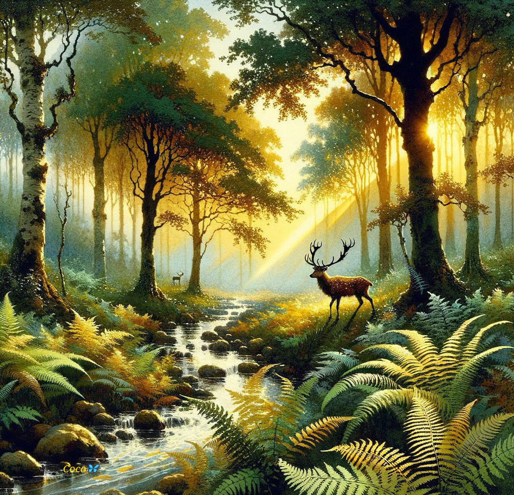 Serene forest scene with deer and sparkling stream
