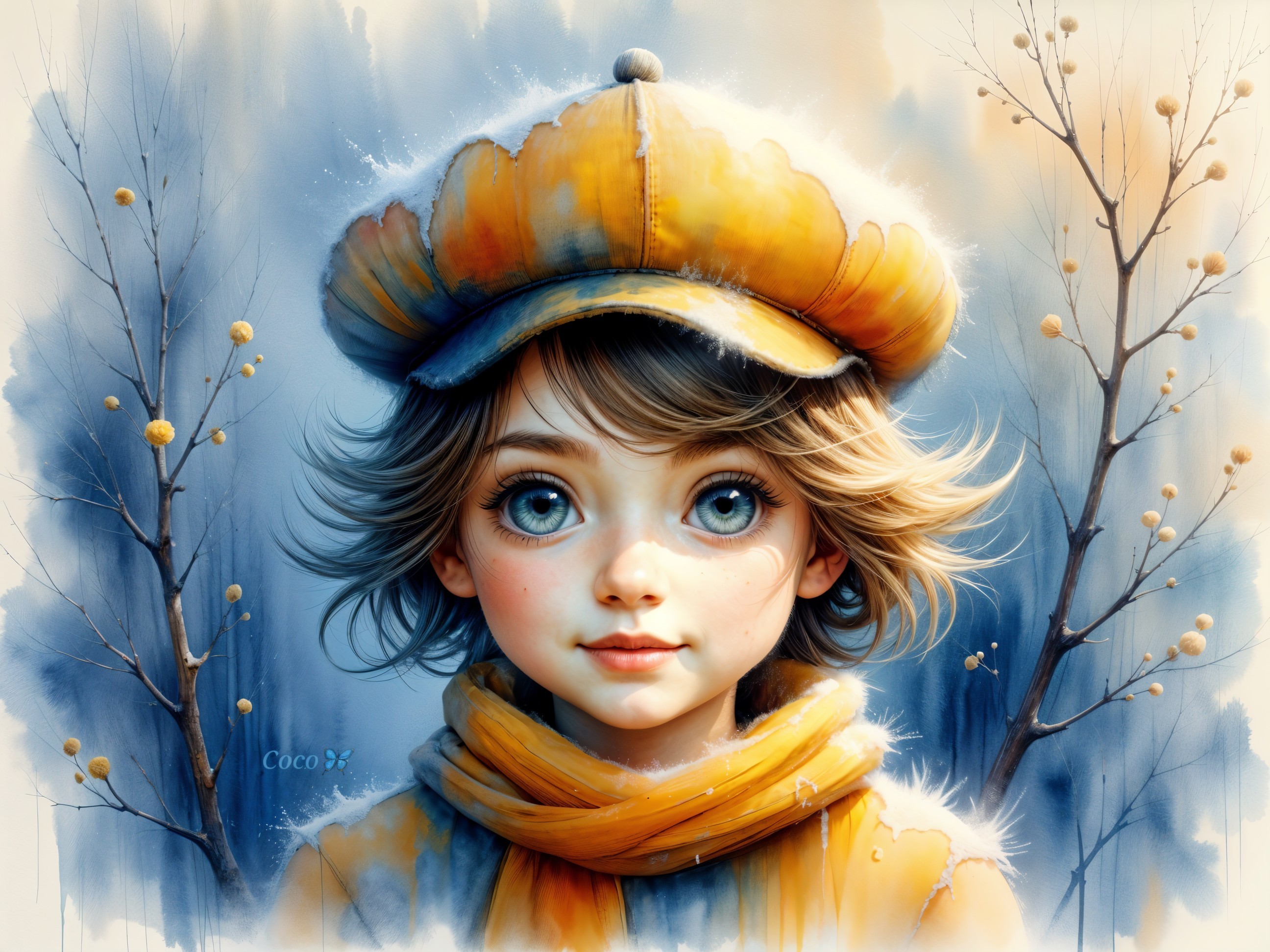 Watercolor of a girl in yellow cap among trees