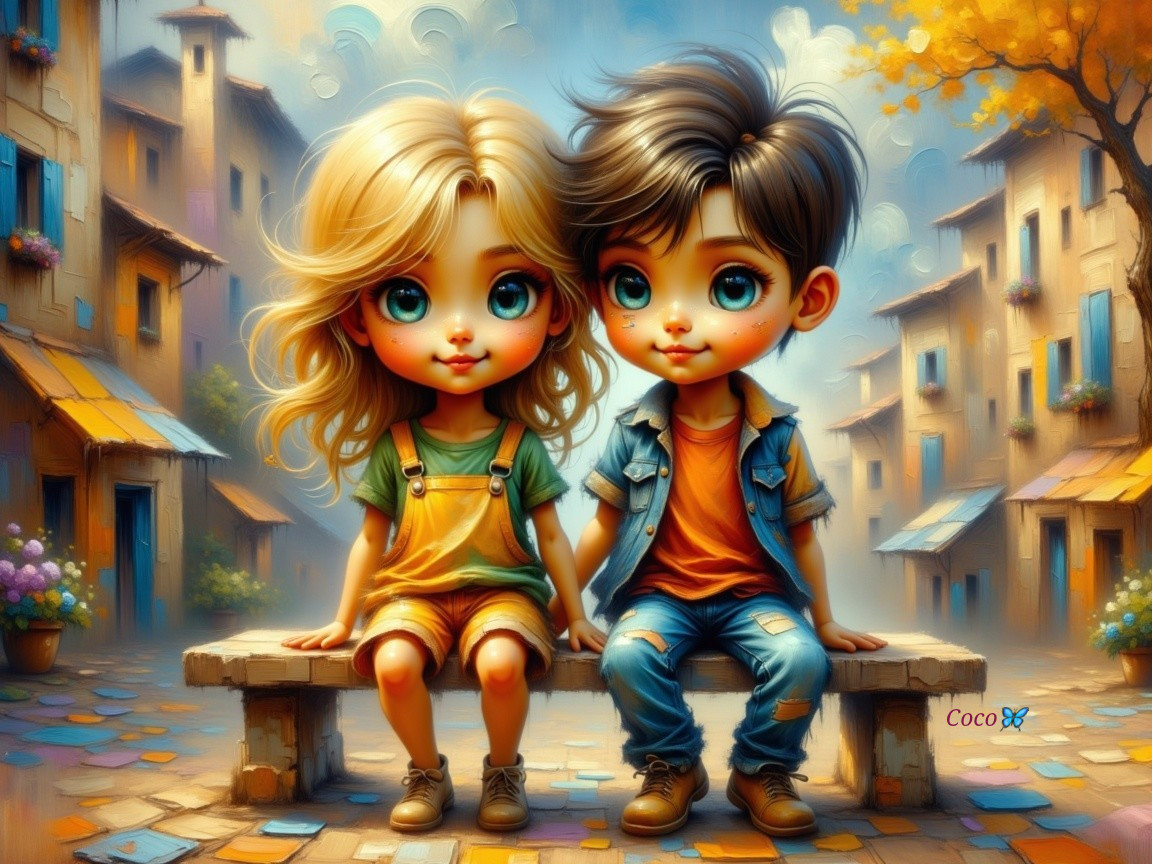Children on a Bench in a Colorful Village Setting