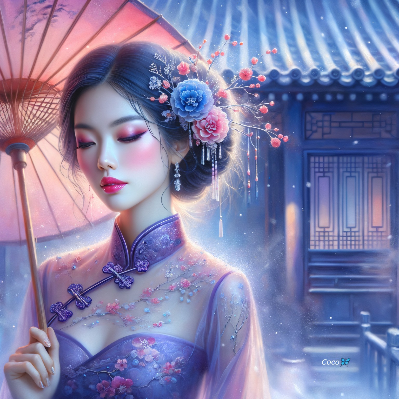 Young Woman in Traditional Asian Attire with Parasol