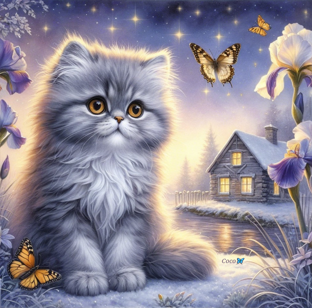 Fluffy Gray Kitten by a Tranquil Stream and Irises