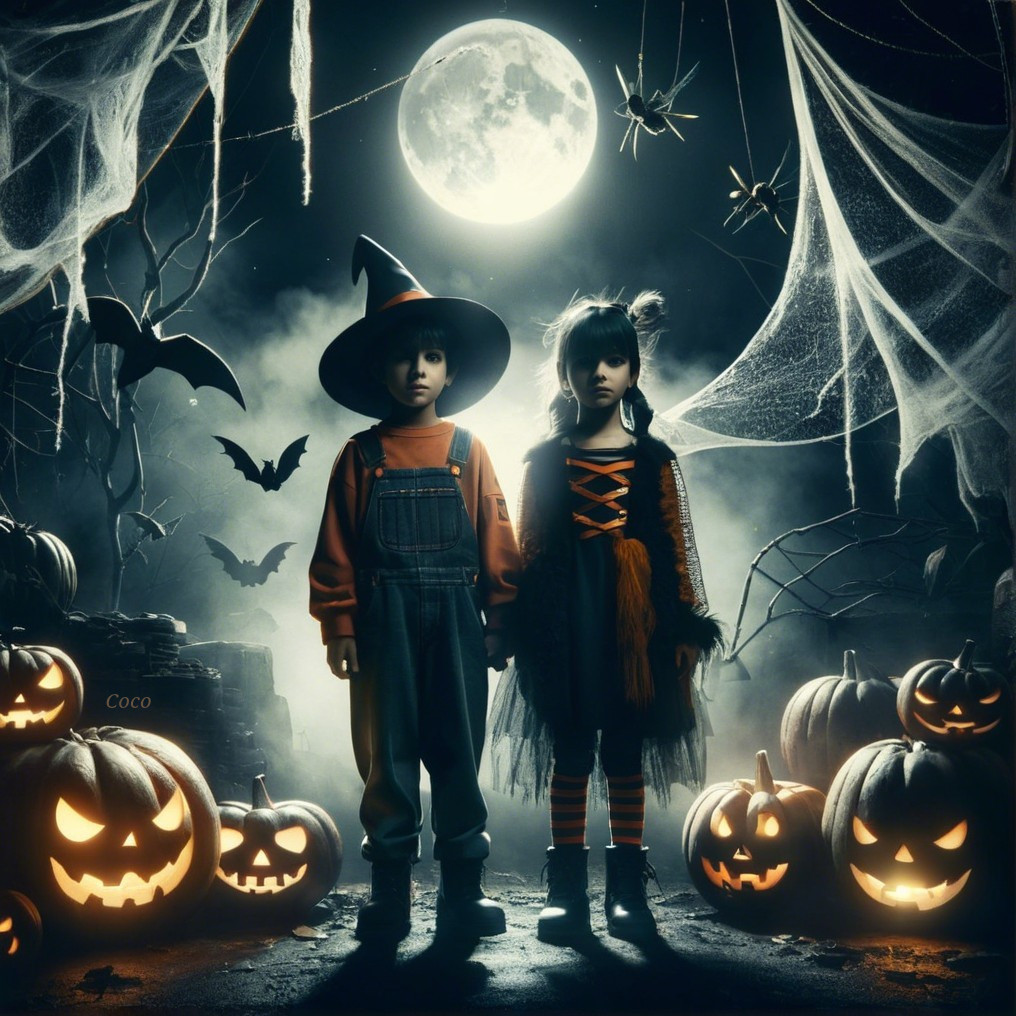 Children in Halloween Costumes in Spooky Setting