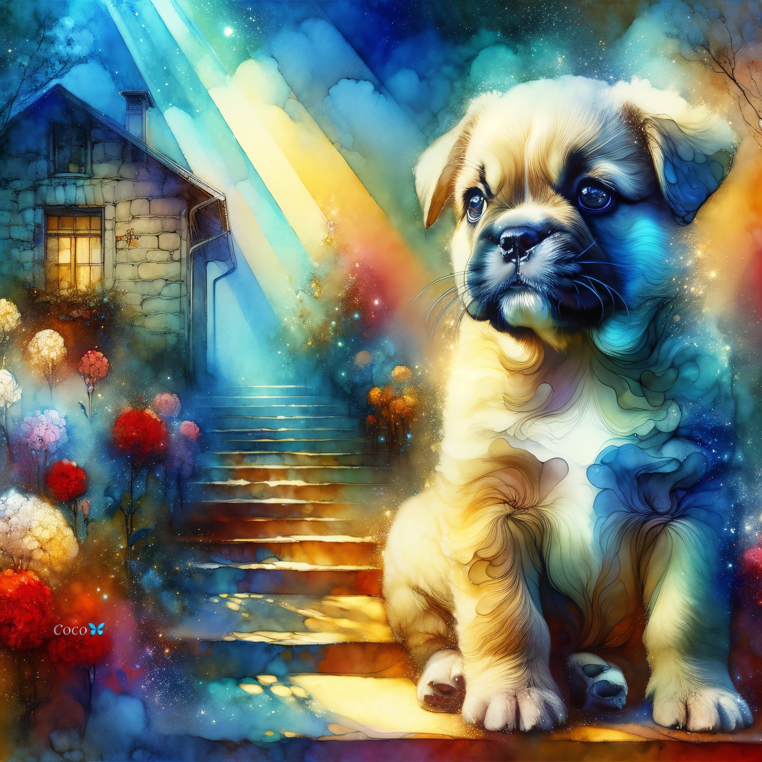 Whimsical Puppy Scene with Colorful Background Elements
