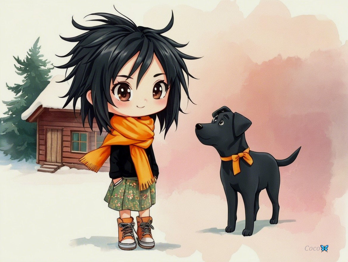 Chibi Character in Snowy Landscape with Dog