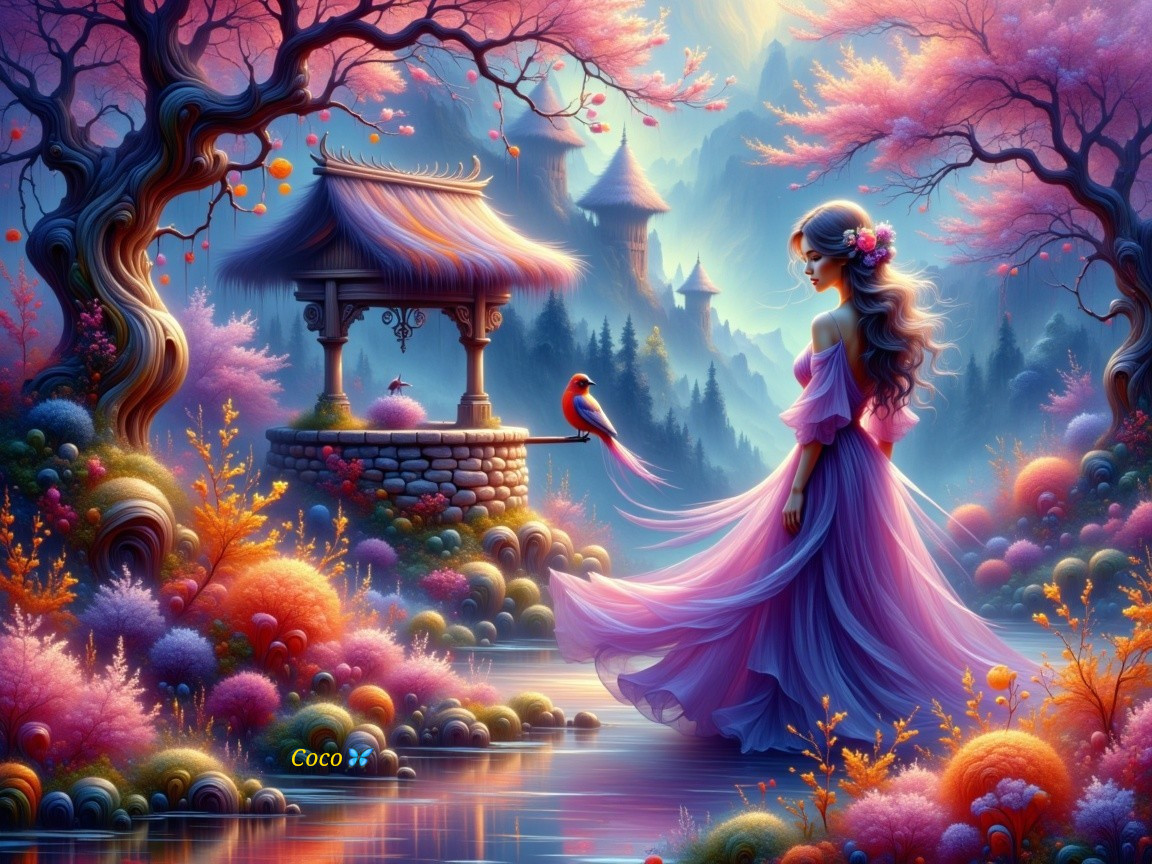 Dreamy Landscape with Young Woman by Serene Well