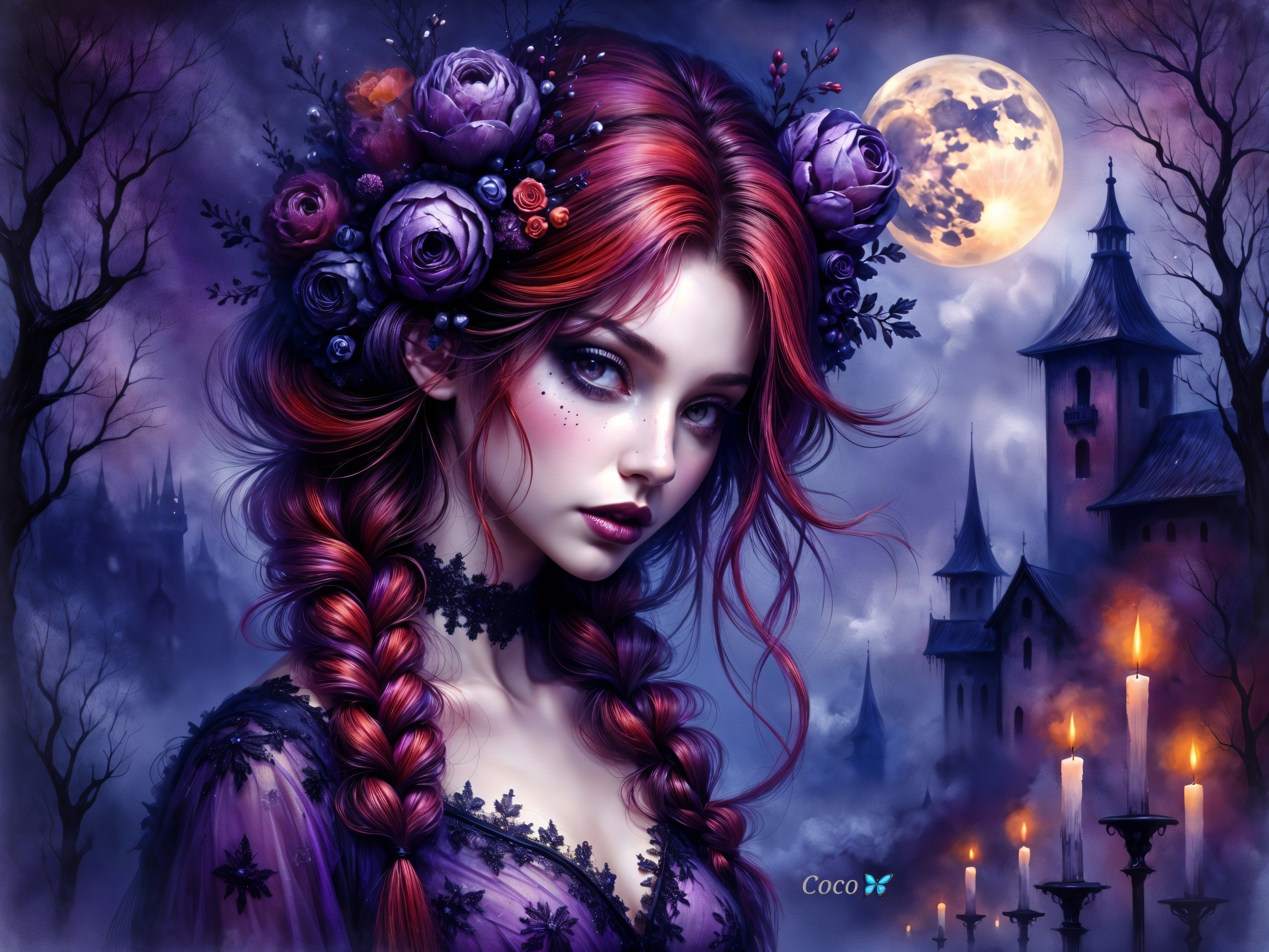 Mystical Woman with Red Hair and Gothic Backdrop