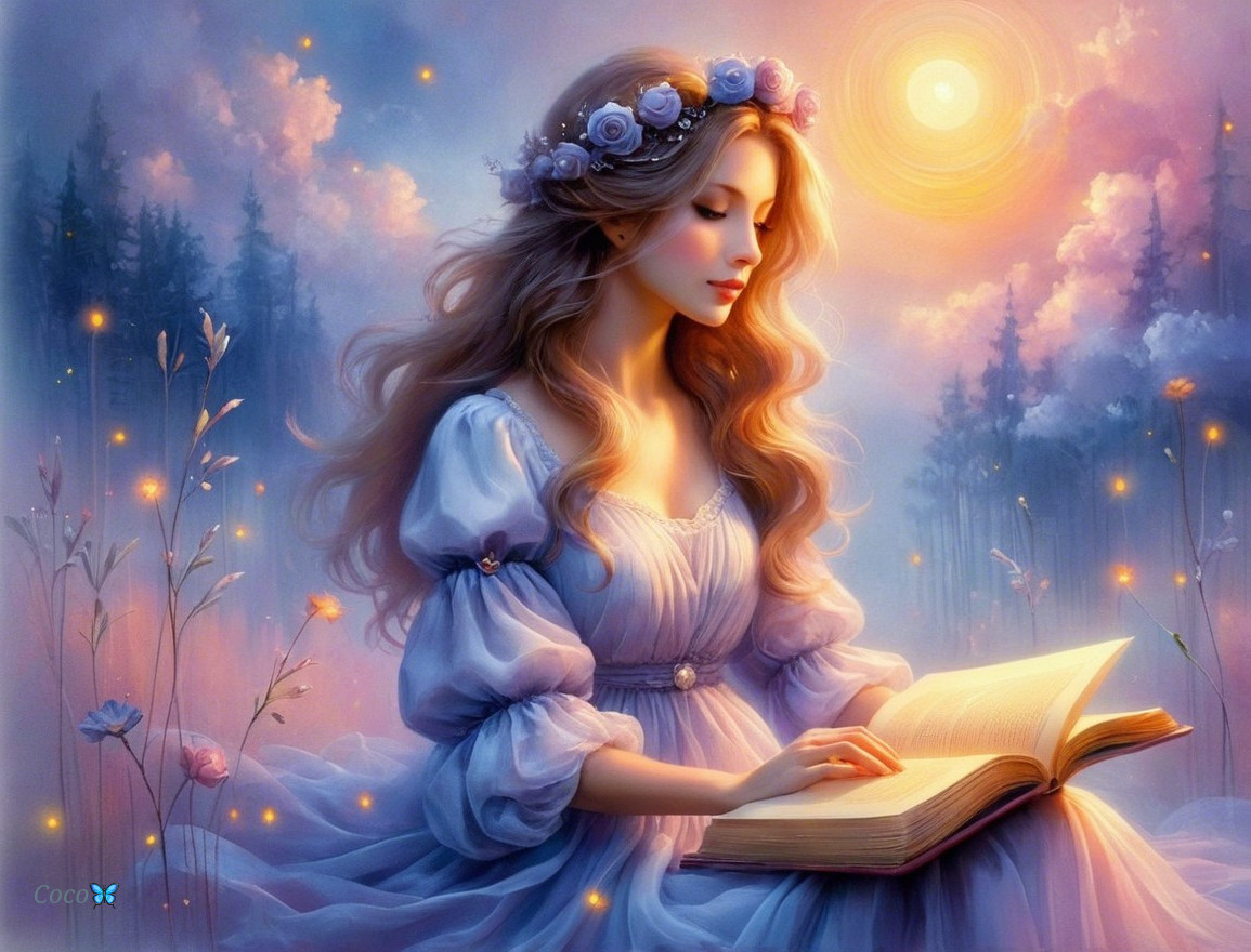 Young Woman in Lavender Gown Reading in Nature