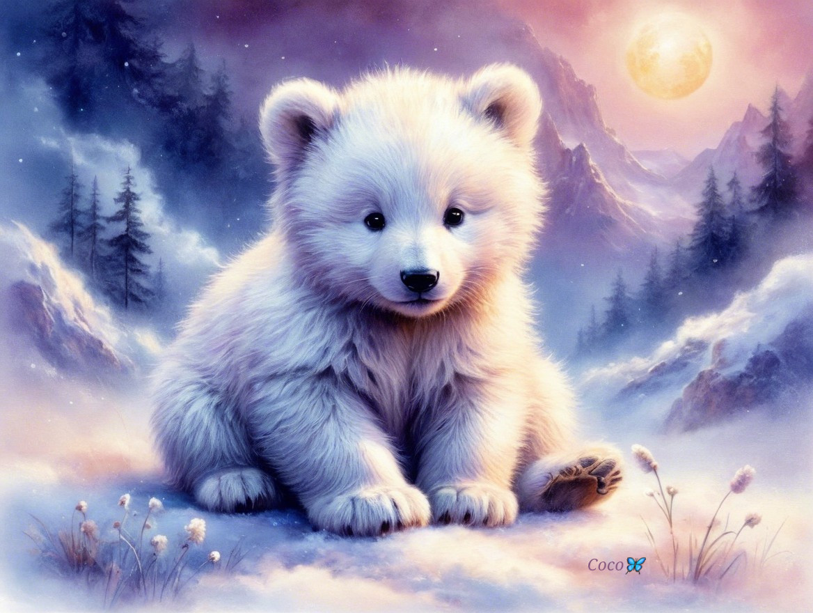 Fluffy Polar Bear Cub in Serene Winter Landscape