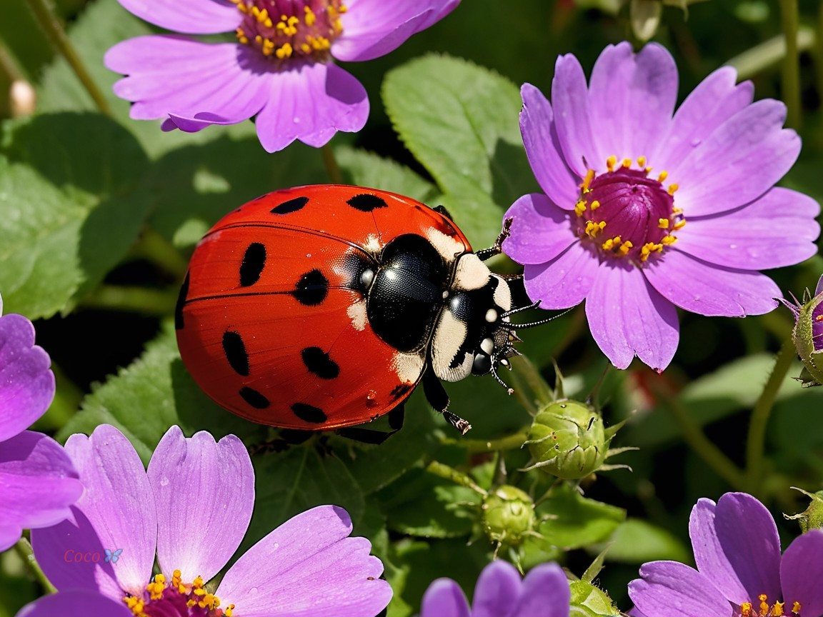 Vibrant Red Ladybug on Purple Flowers in Garden