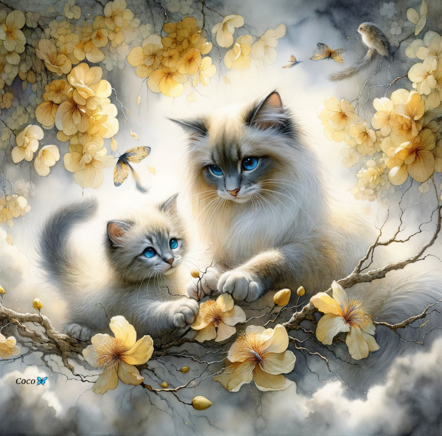 Fluffy Cats Among Golden Flowers and Butterflies