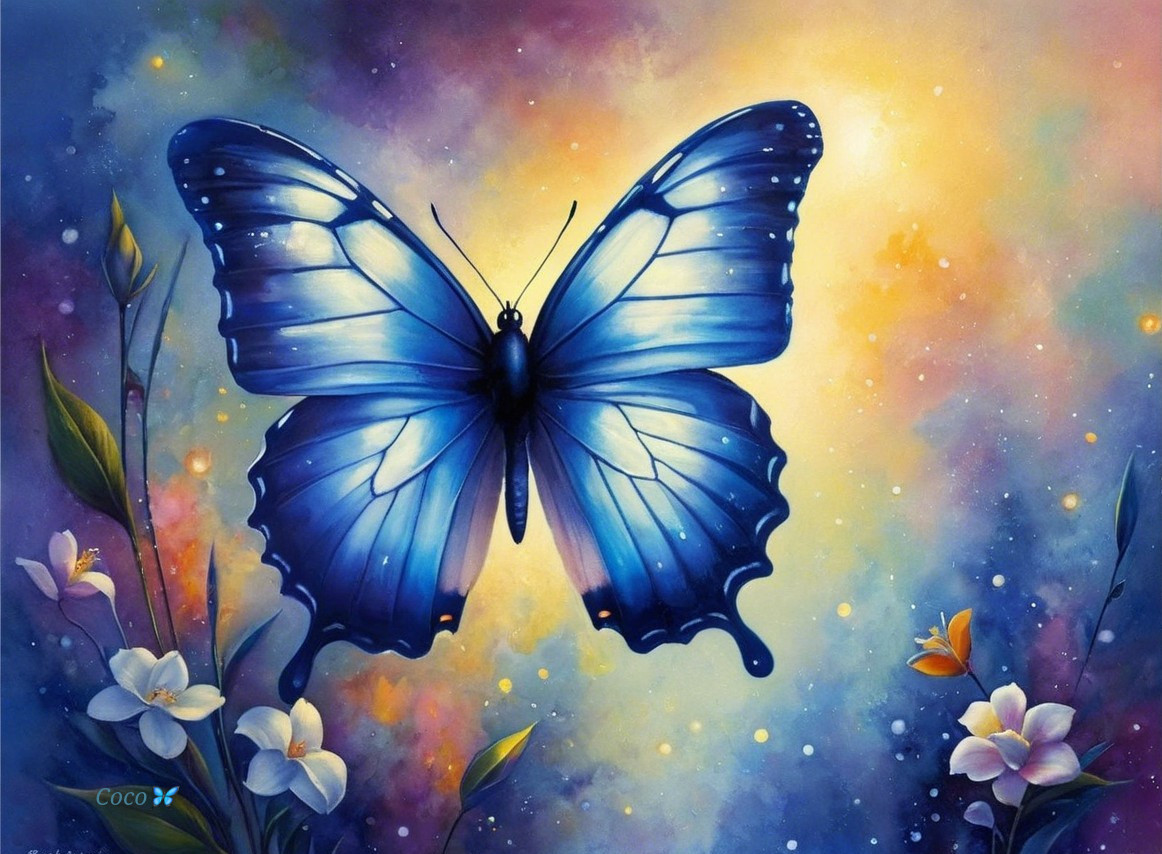 Blue Butterfly with Colorful Background and Flowers