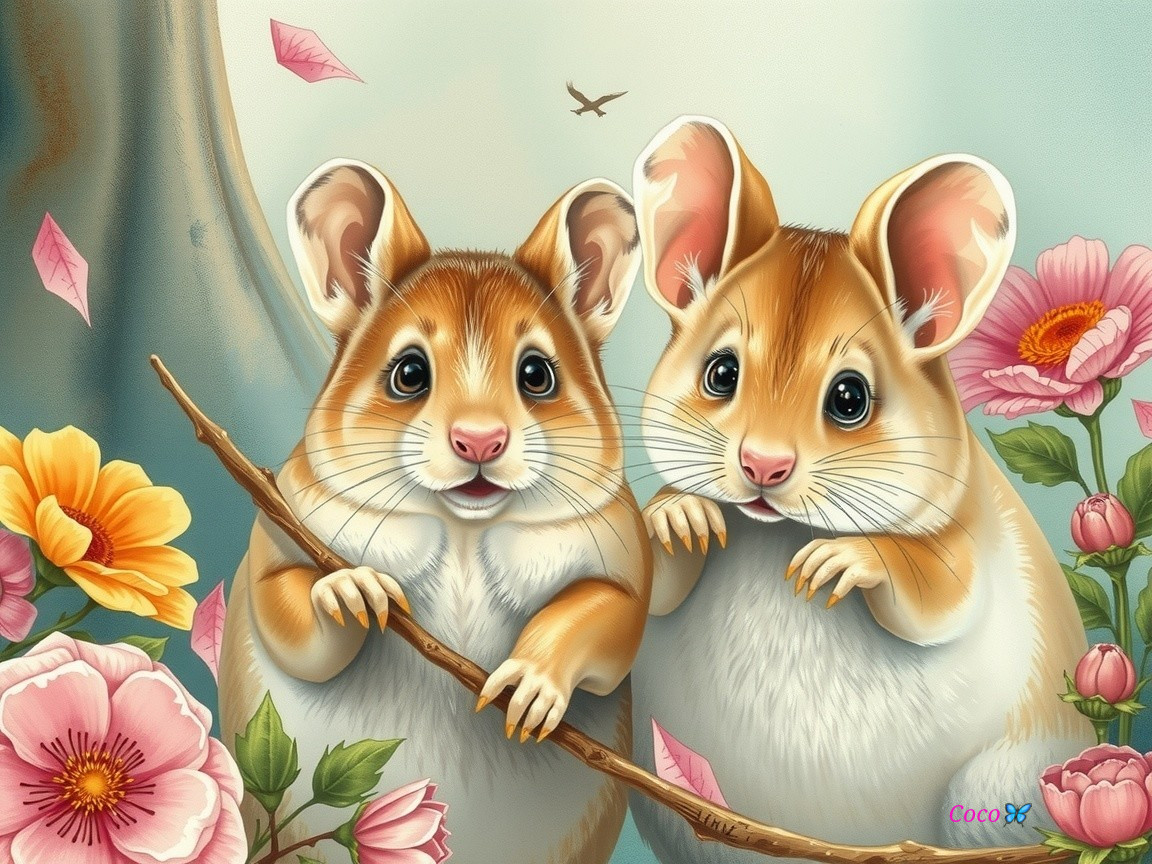 Hamsters in a Colorful Floral Setting with Charm