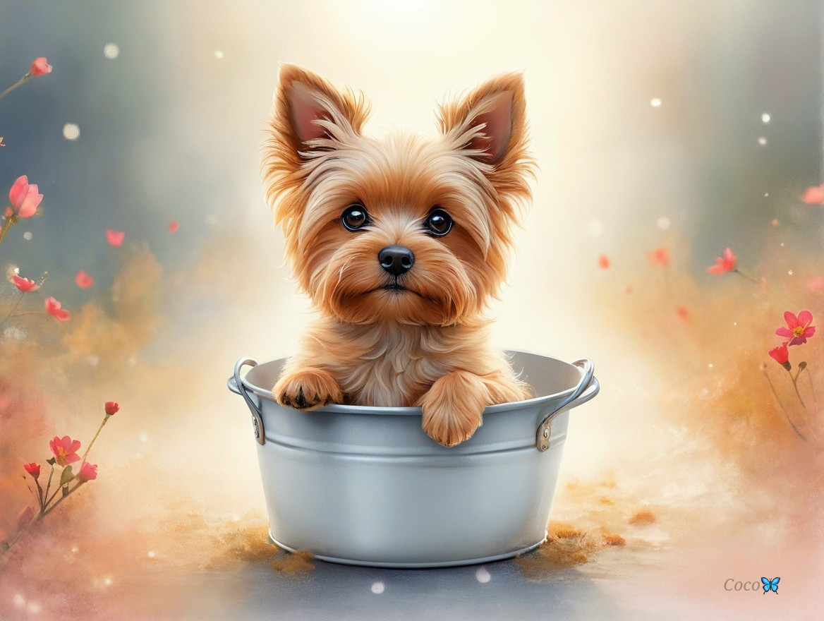 Yorkshire Terrier Puppy in Silver Bucket with Flowers