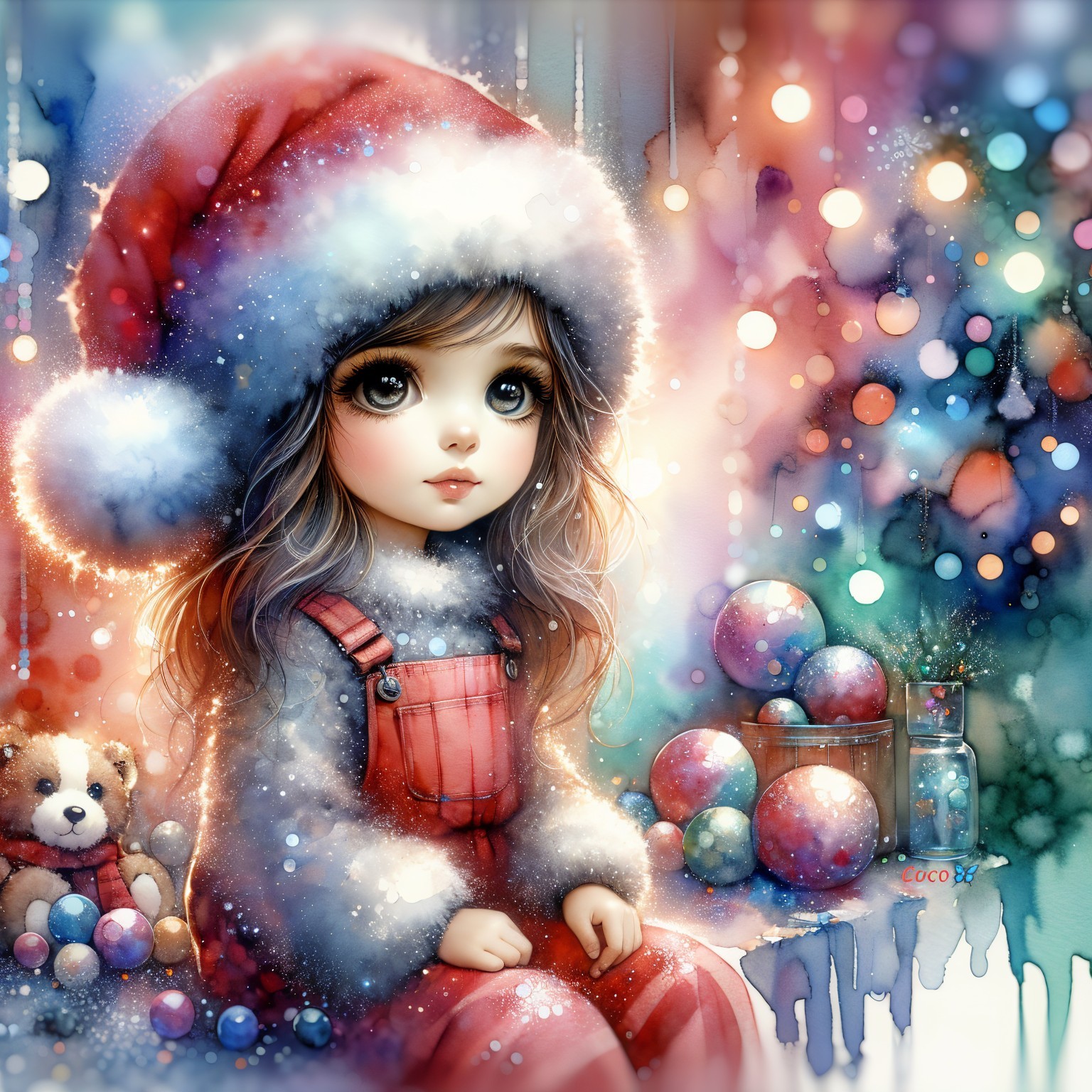 Watercolor Christmas Spirit Doll with Soft Lighting