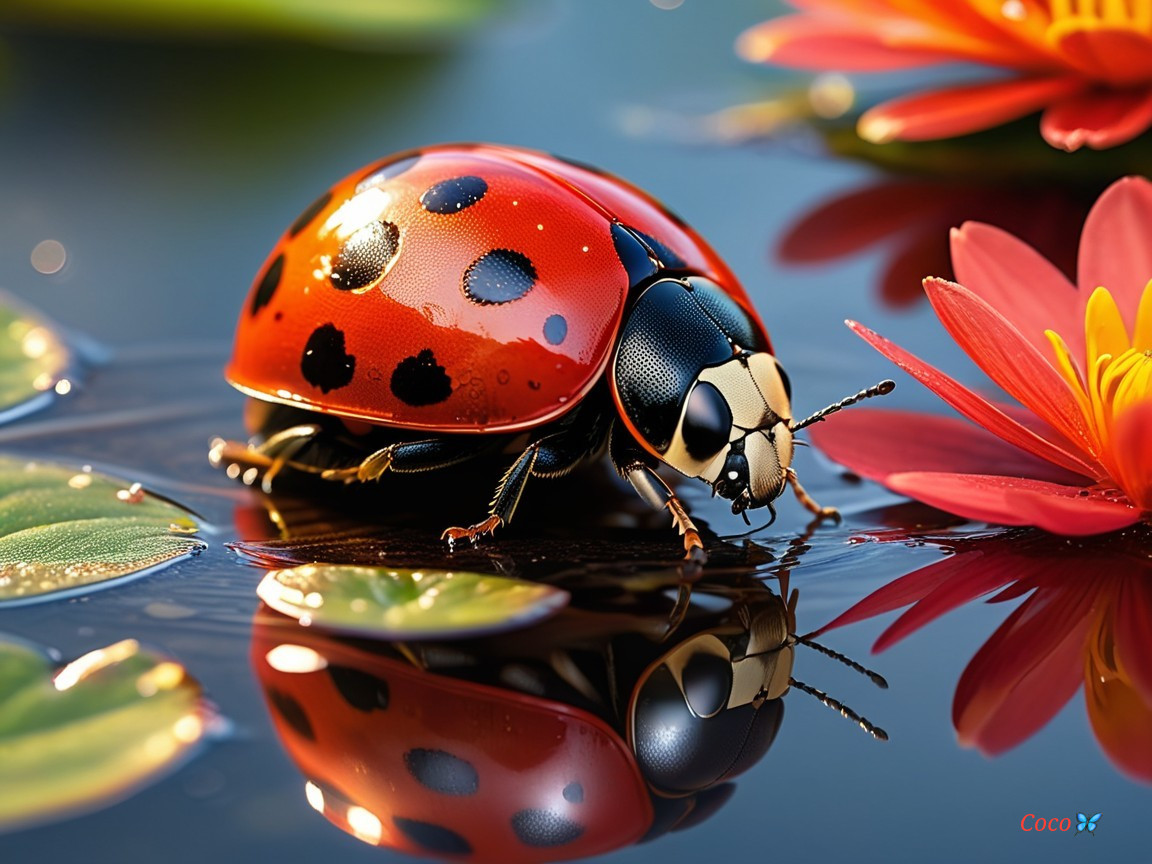 Ladybug on Water Surrounded by Water Lilies