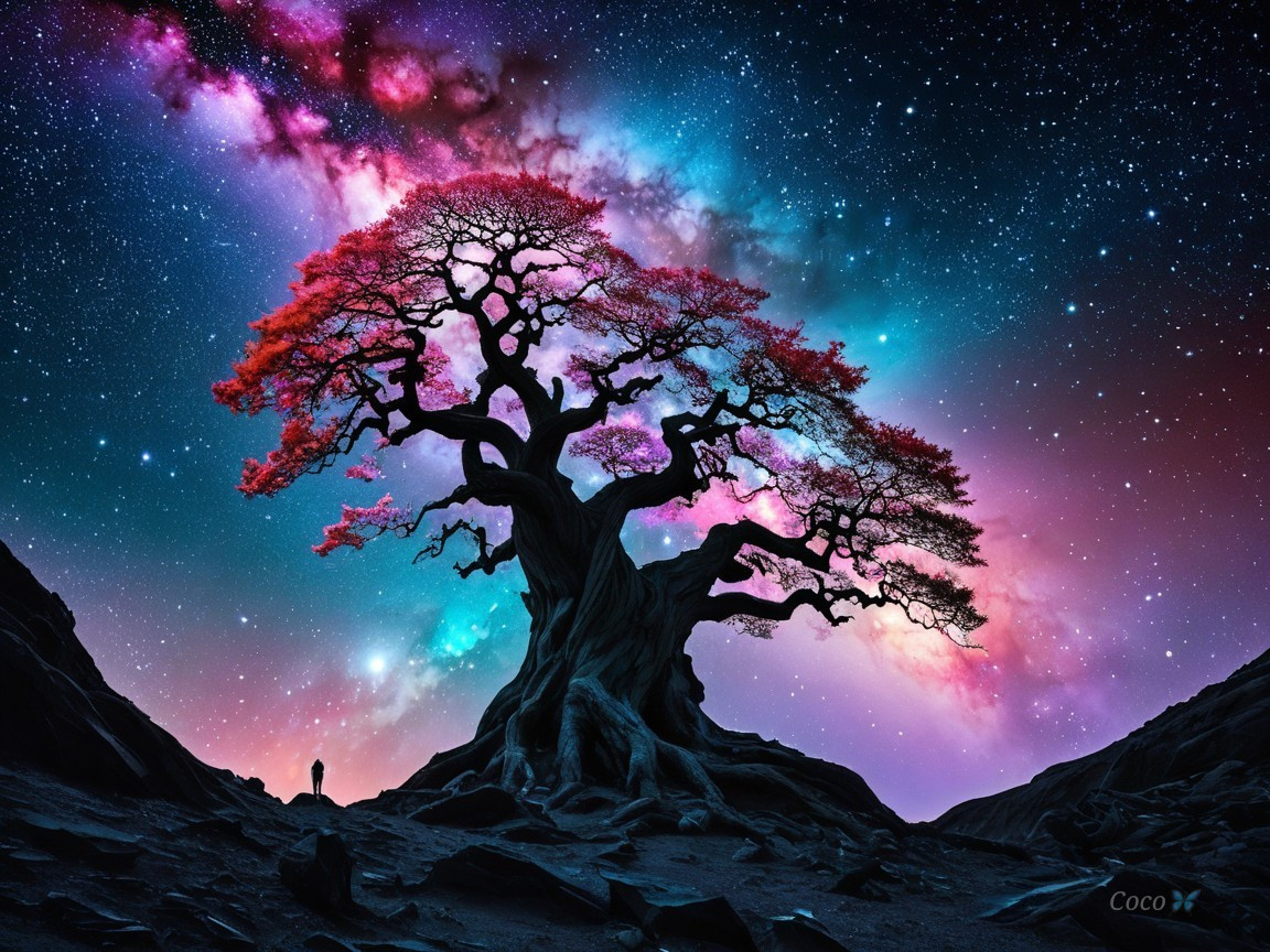 Ancient Tree Against Cosmic Galaxy Background