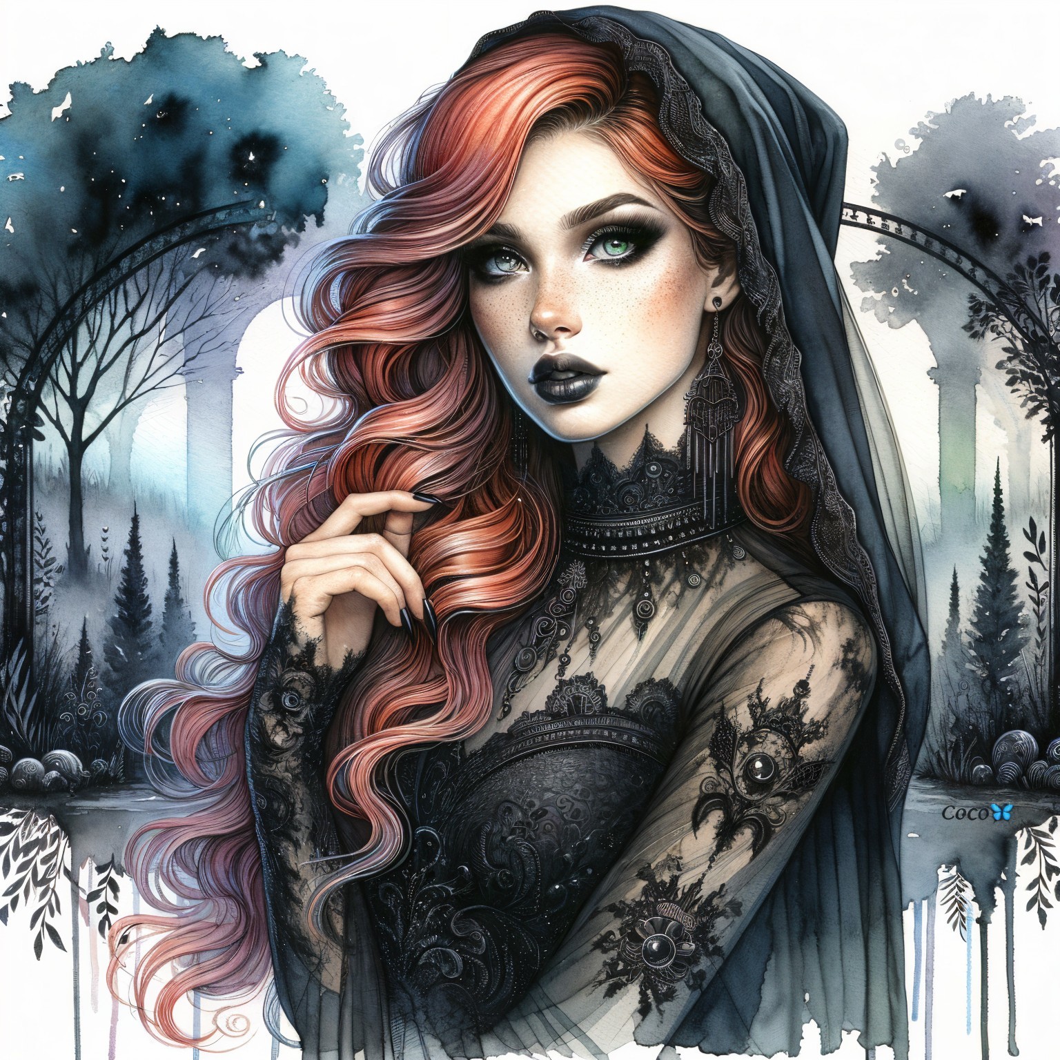 Mystical Woman in Intricate Lace Gown Under Moonlight