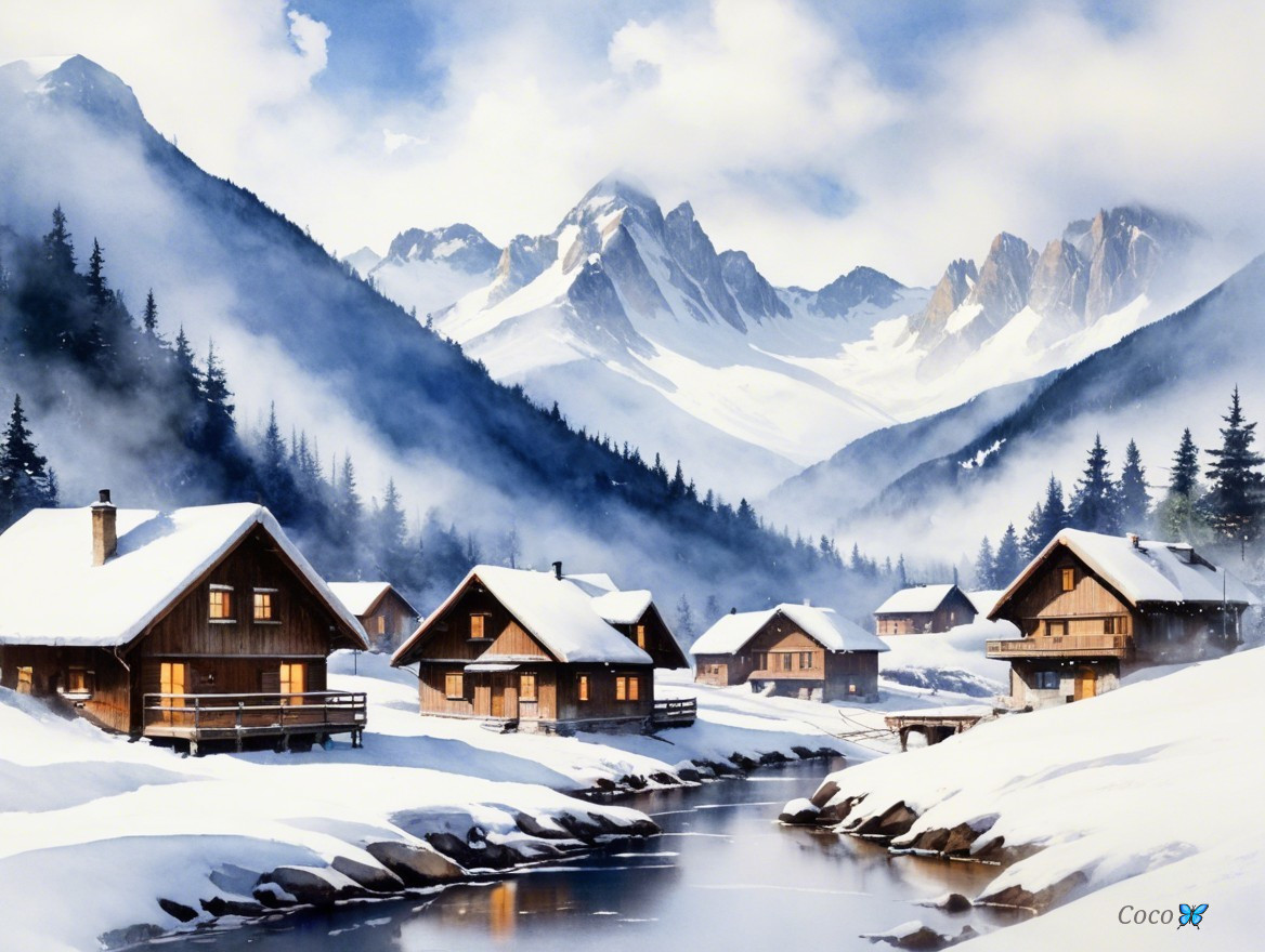 Winter Village with Snow-Covered Cabins and Mountains
