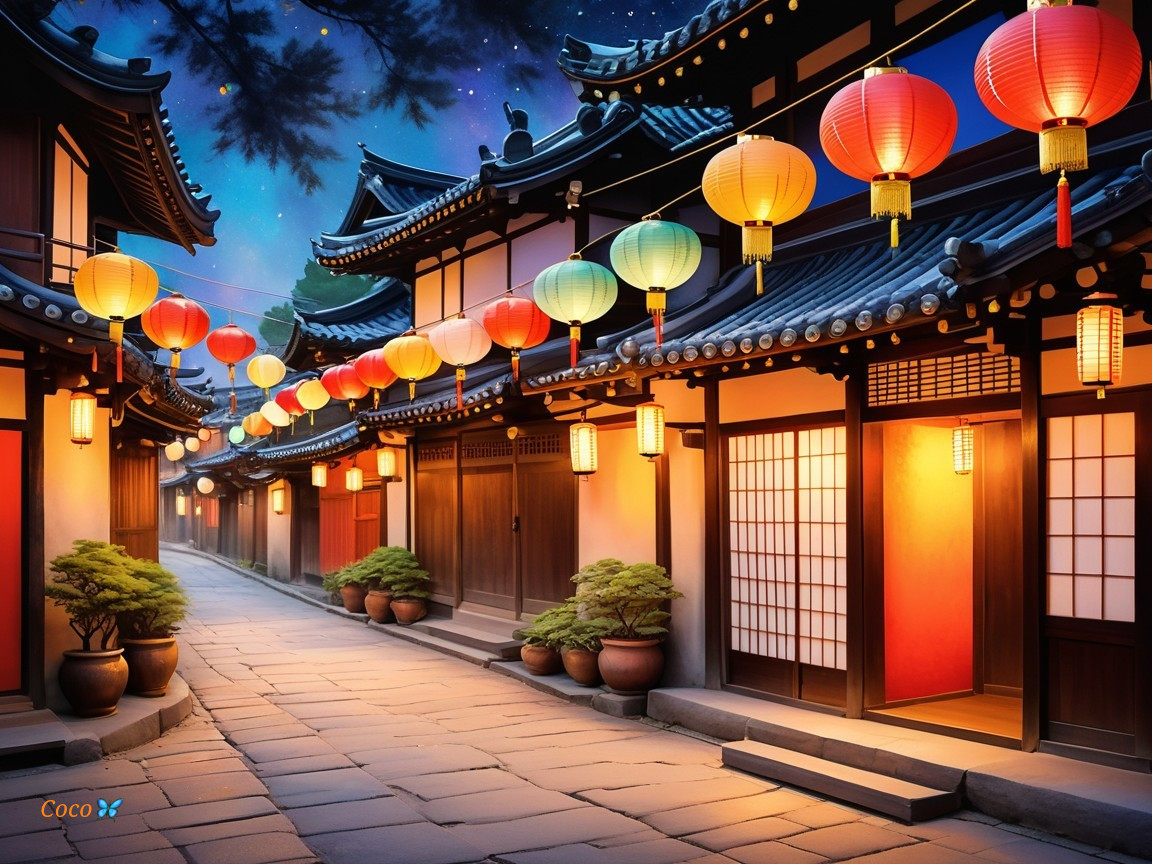Traditional East Asian Street at Night with Lanterns
