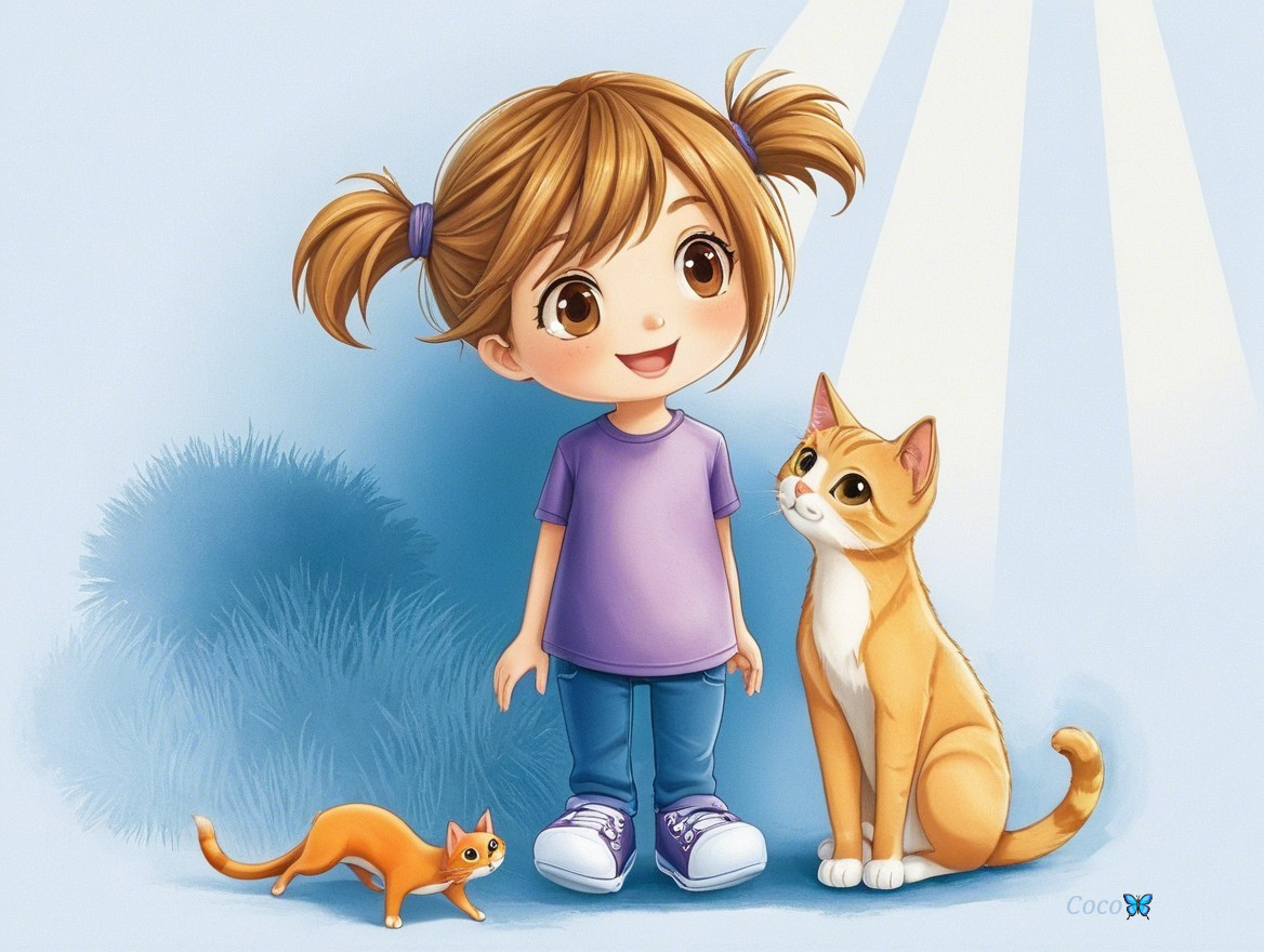 Cheerful girl in purple shirt with two orange cats