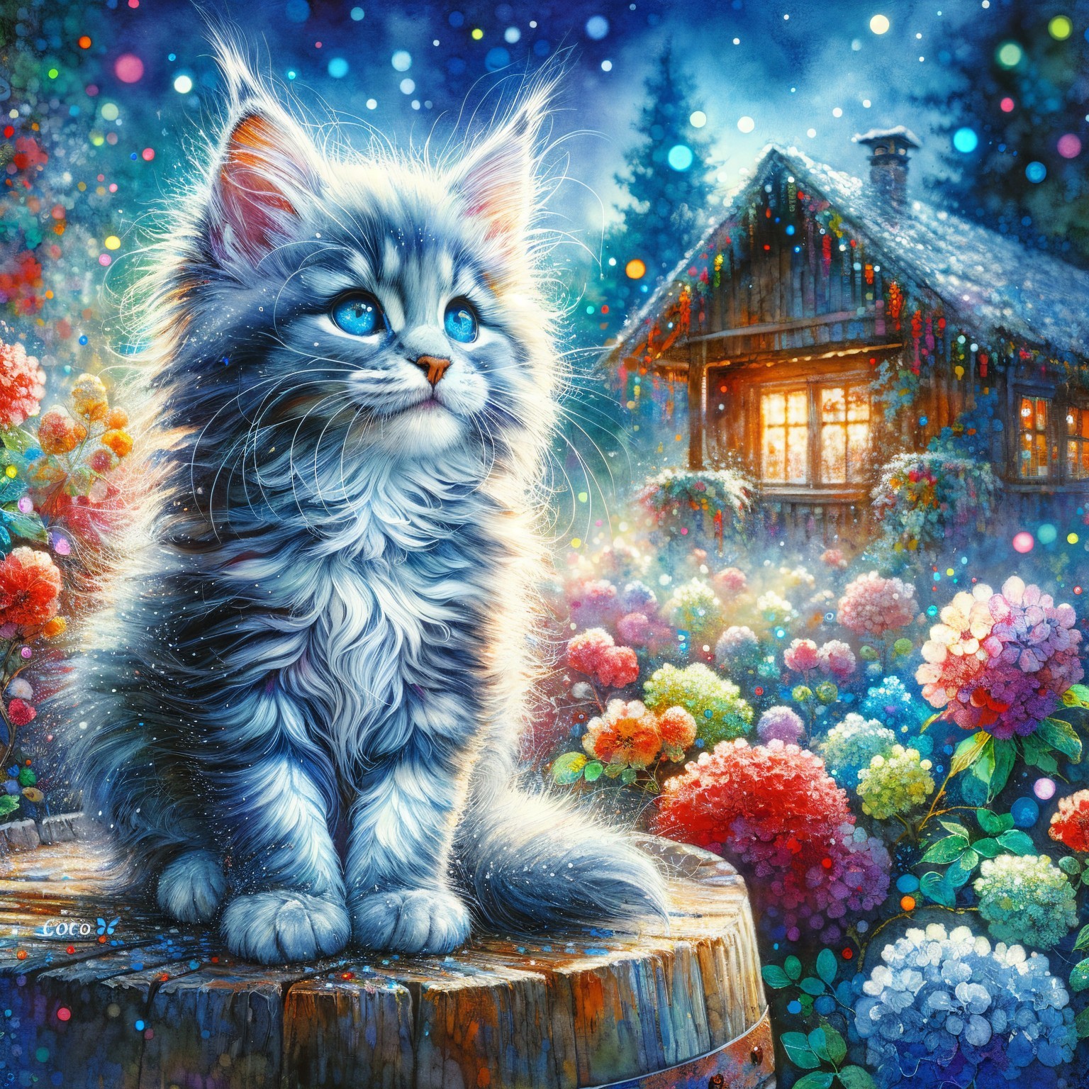 Fluffy Blue-Eyed Kitten on Wooden Barrel with Lights