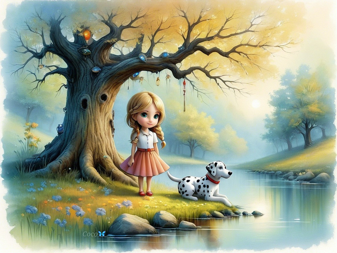 Whimsical Scene of Girl and Dog by Serene River