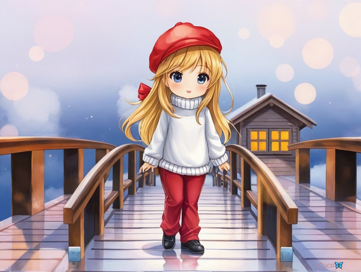 Anime girl on a wooden bridge in a serene landscape