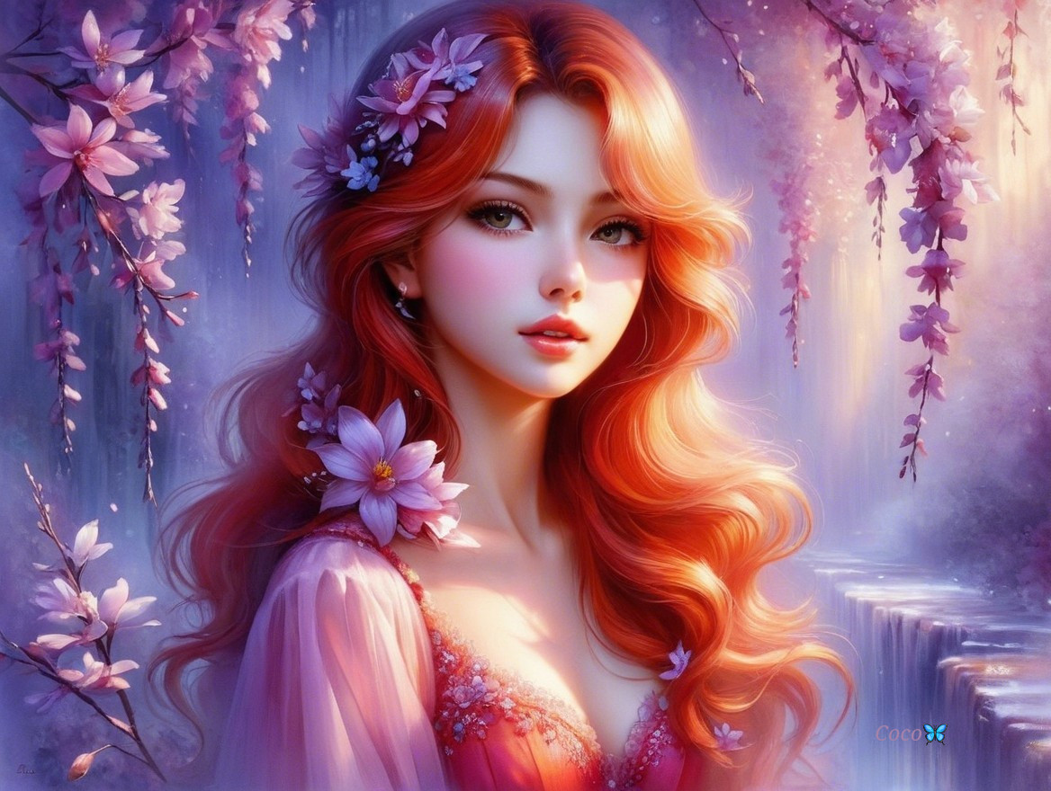 Portrait of a young woman with red hair and blossoms