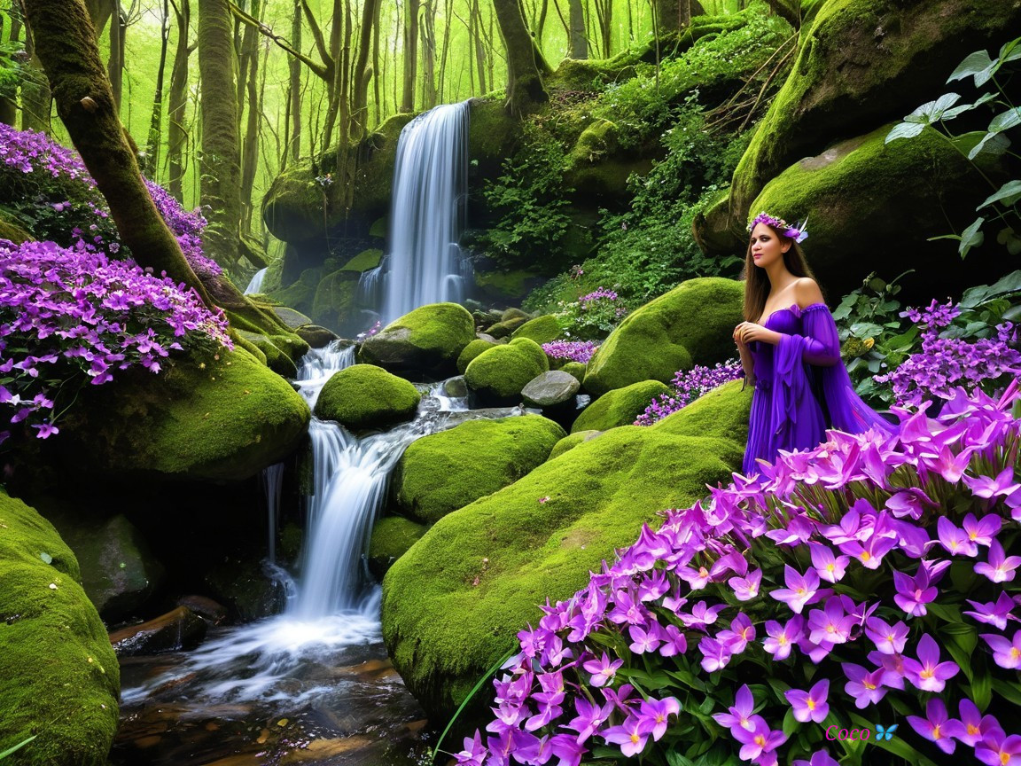 Serene Waterfall in a Magical Forest Setting