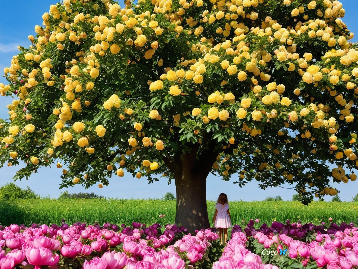Vibrant Scene of Girl Under Tree with Yellow Blossoms