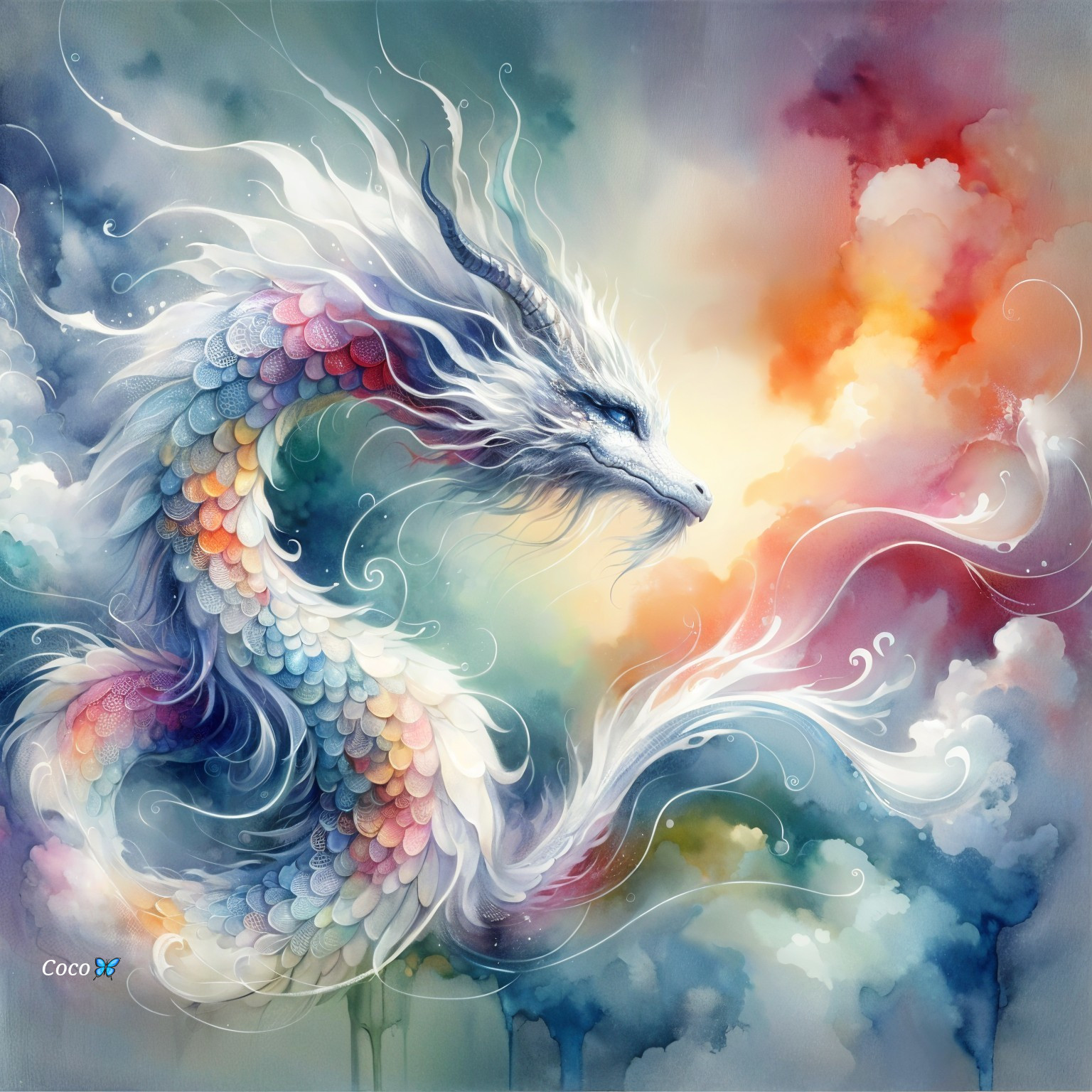 Majestic dragon in a dreamy, colorful sky scene