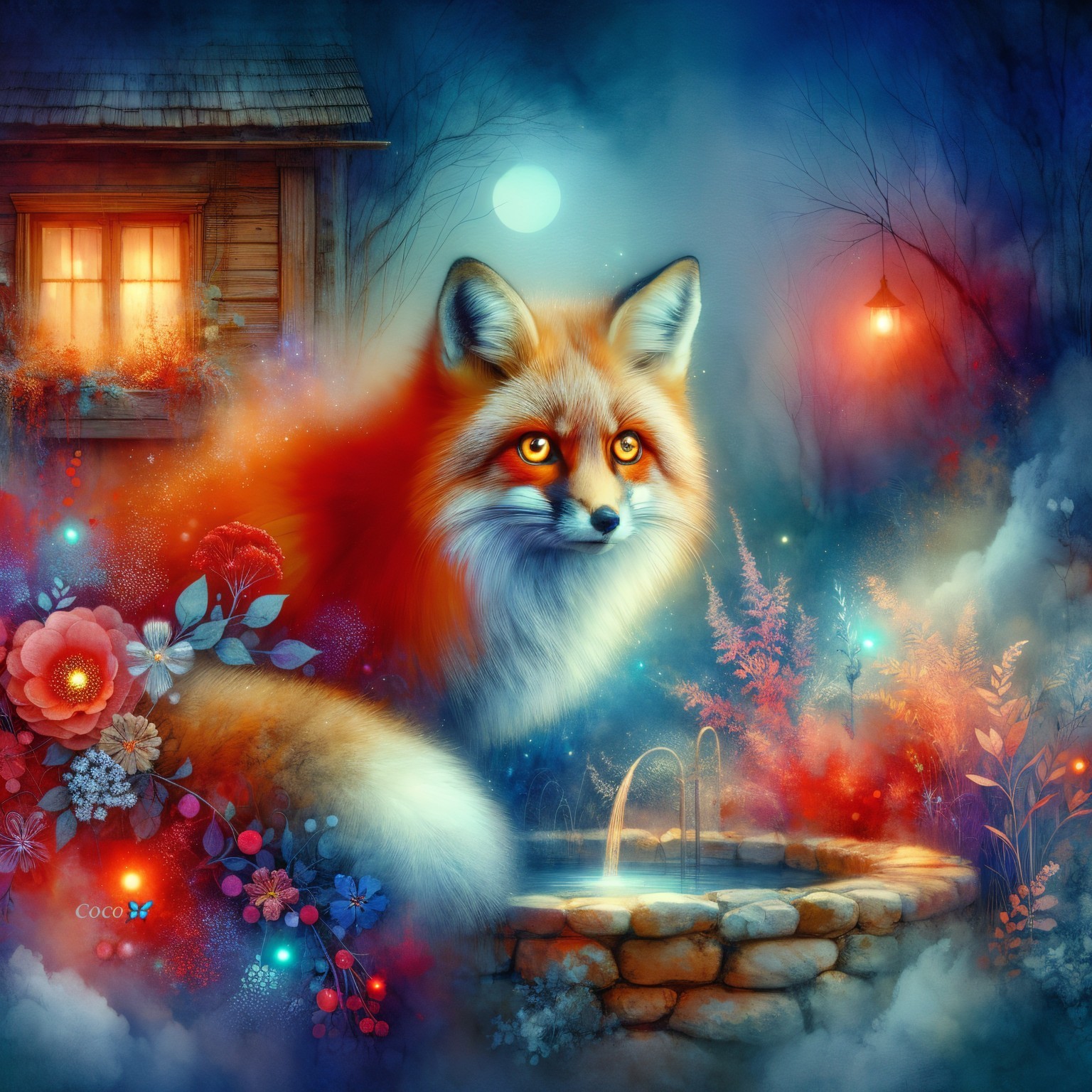 Luminous fox in enchanting landscape with wooden house