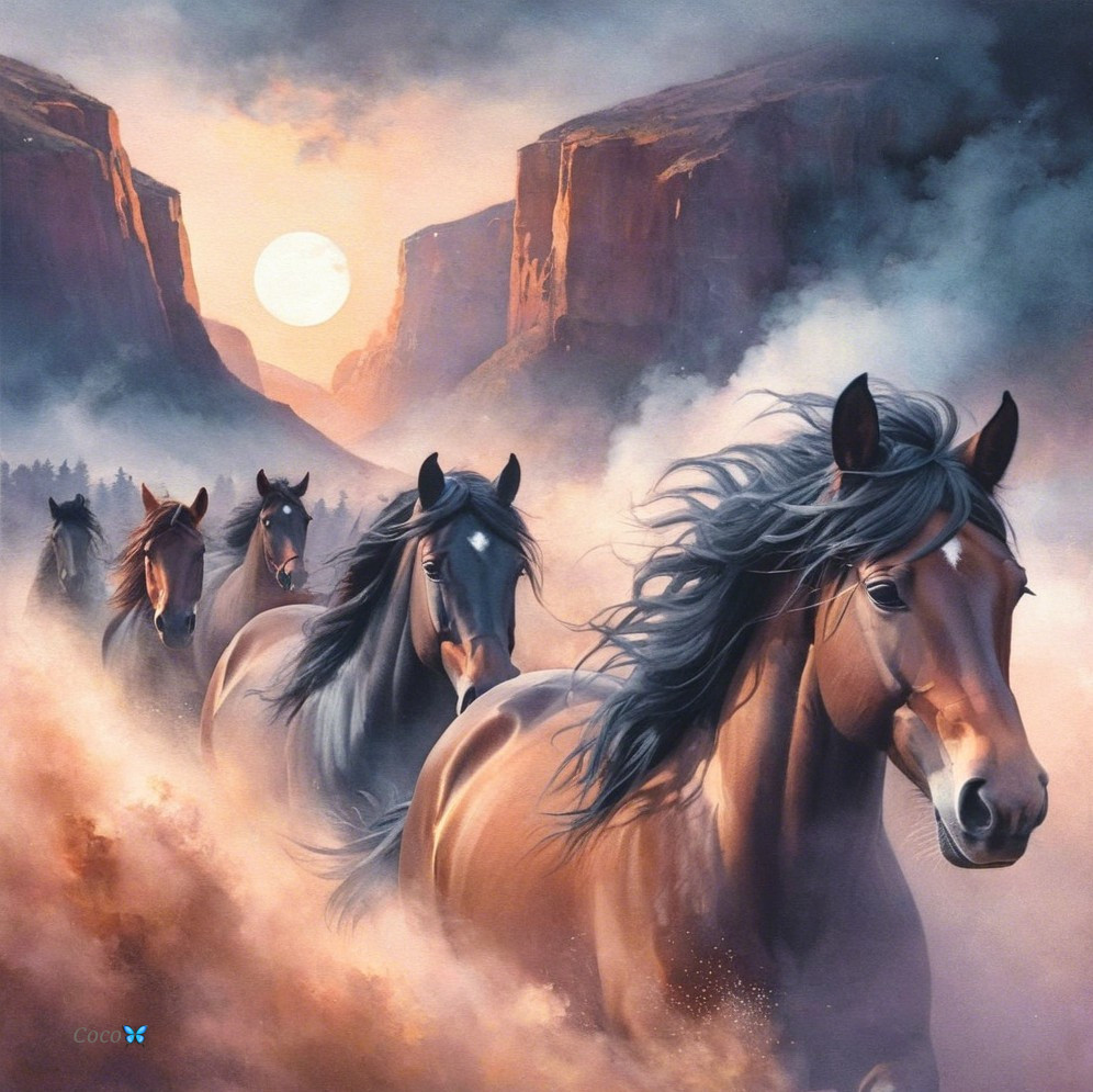 Horses Galloping Through a Misty Sunset Landscape