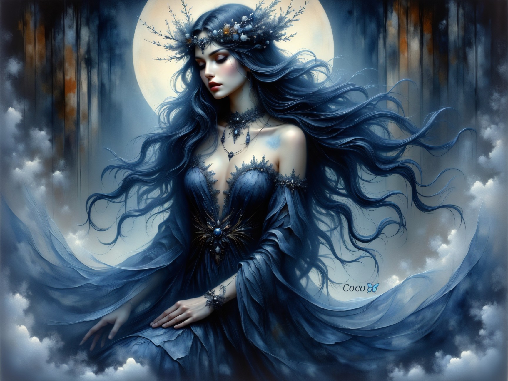 Mystical Figure in Blue Garments Under Full Moon