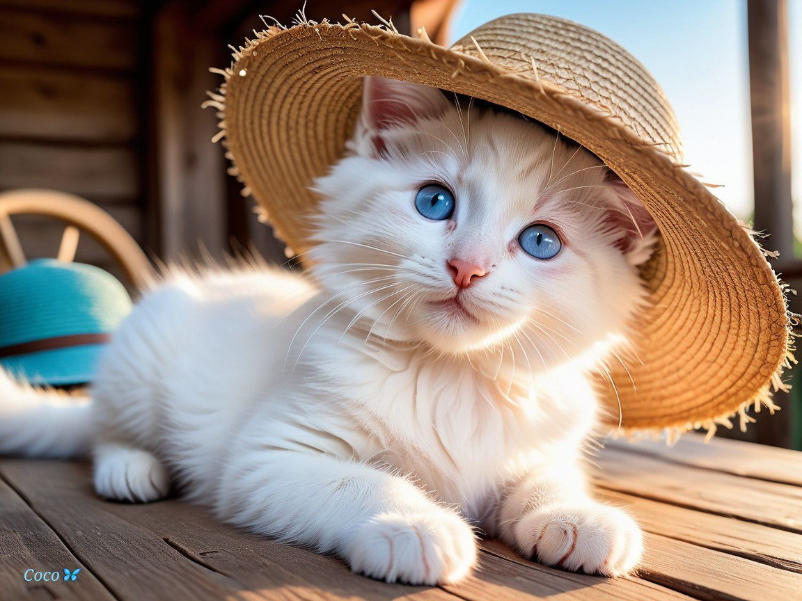 Fluffy White Kitten in Straw Hat on Wooden Surface
